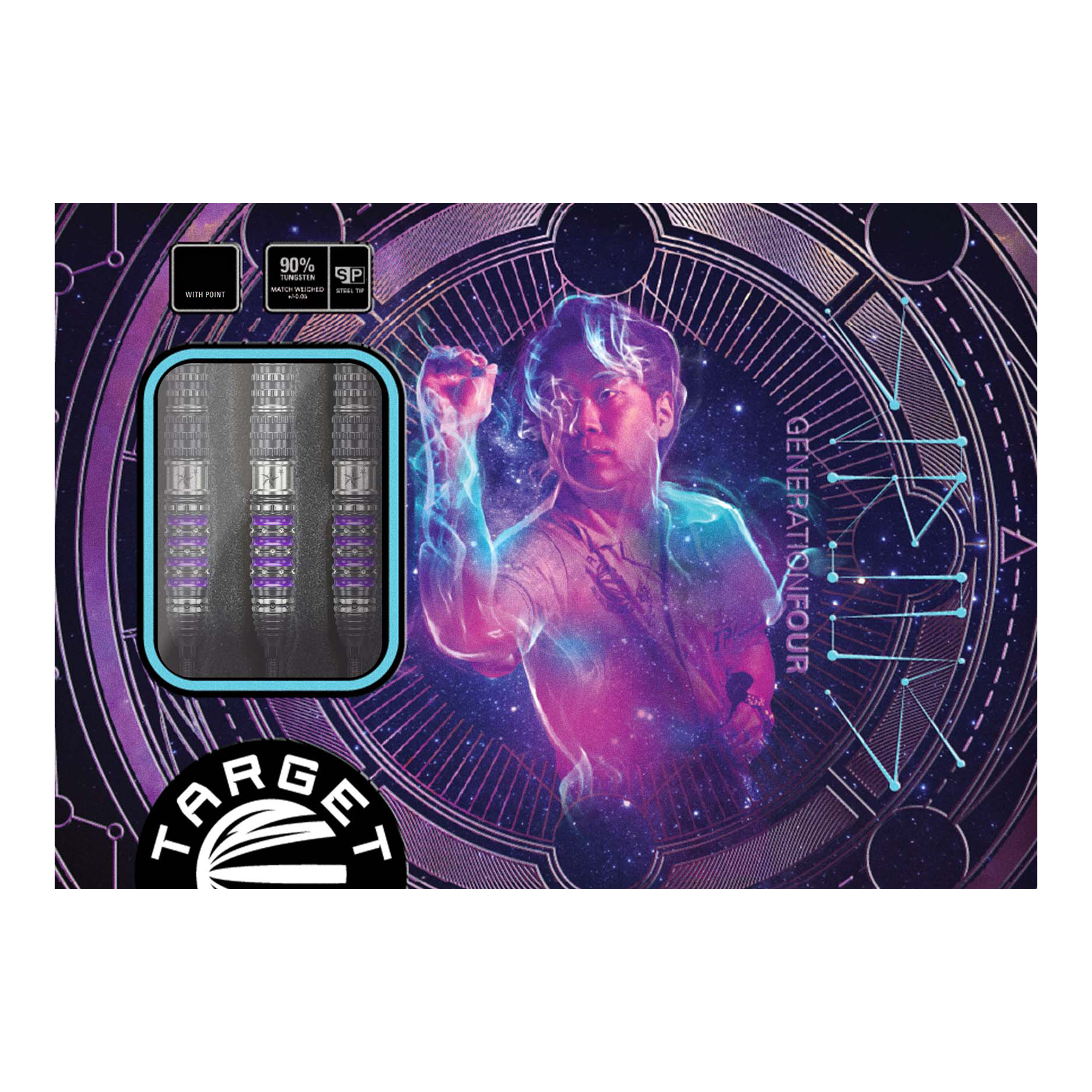 Die Abbildung zeigt die Verpackung der "Target Japan Prime Series Sirius GEN4 Swiss Point Steeldarts". Auf dem Cover ist ein farbenfrohes, futuristisches Design mit einer Person und drei Darts zu sehen.