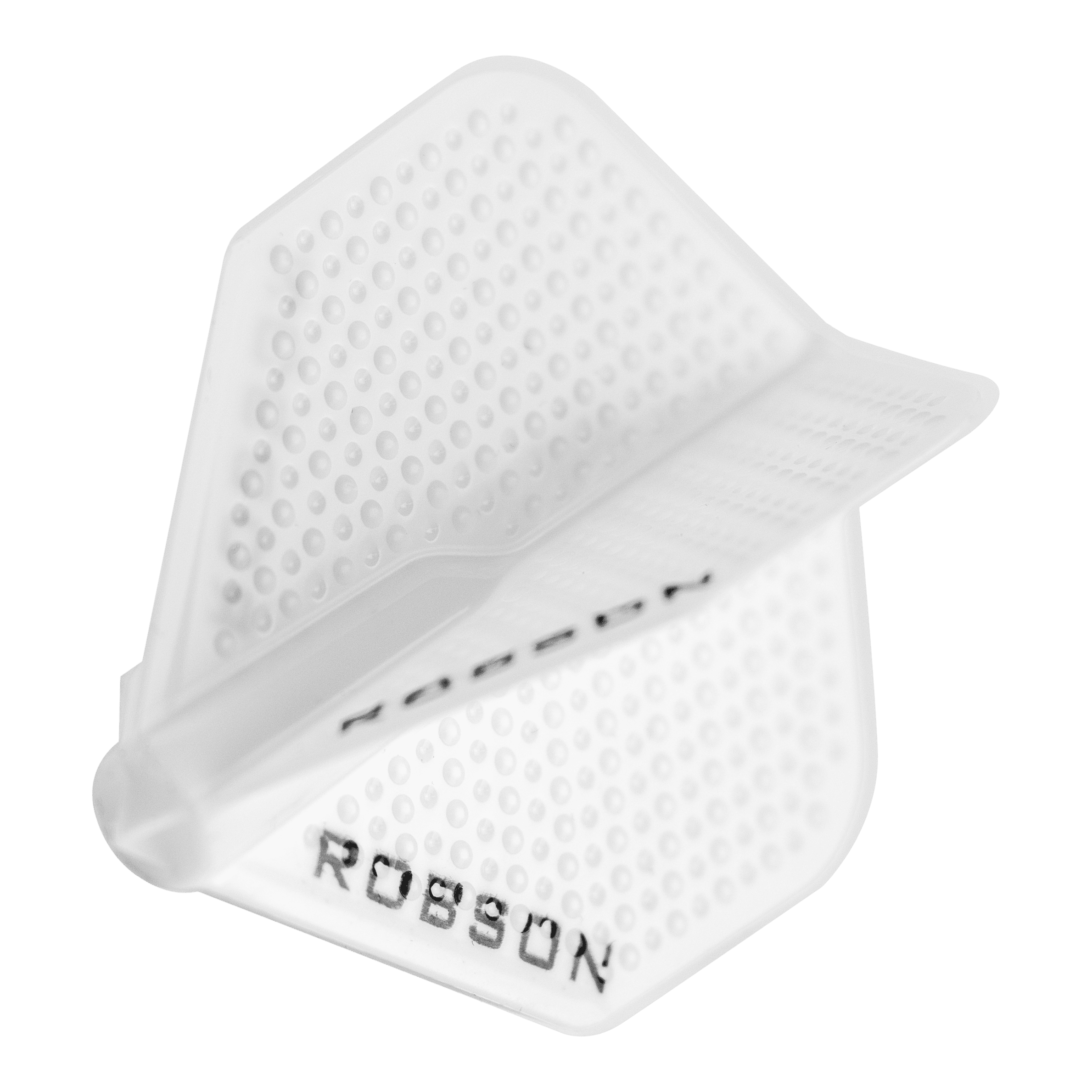 Robson Plus Dimple Flights - Weiß Das Bild zeigt ein weißes Robson Plus Dimple Flight für Darts. Die Oberfläche ist mit kleinen Noppen versehen und der Name "Robson" ist darauf zu sehen.
