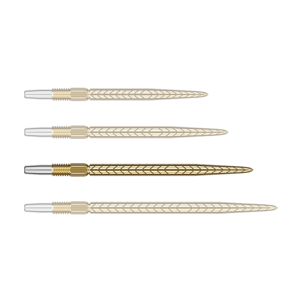Target Swiss Point RVE dart tips - Gold Auf dem Bild sind vier goldene Dartspitzen mit einem Muster zu sehen. Sie liegen parallel nebeneinander auf einem grünen Hintergrund.