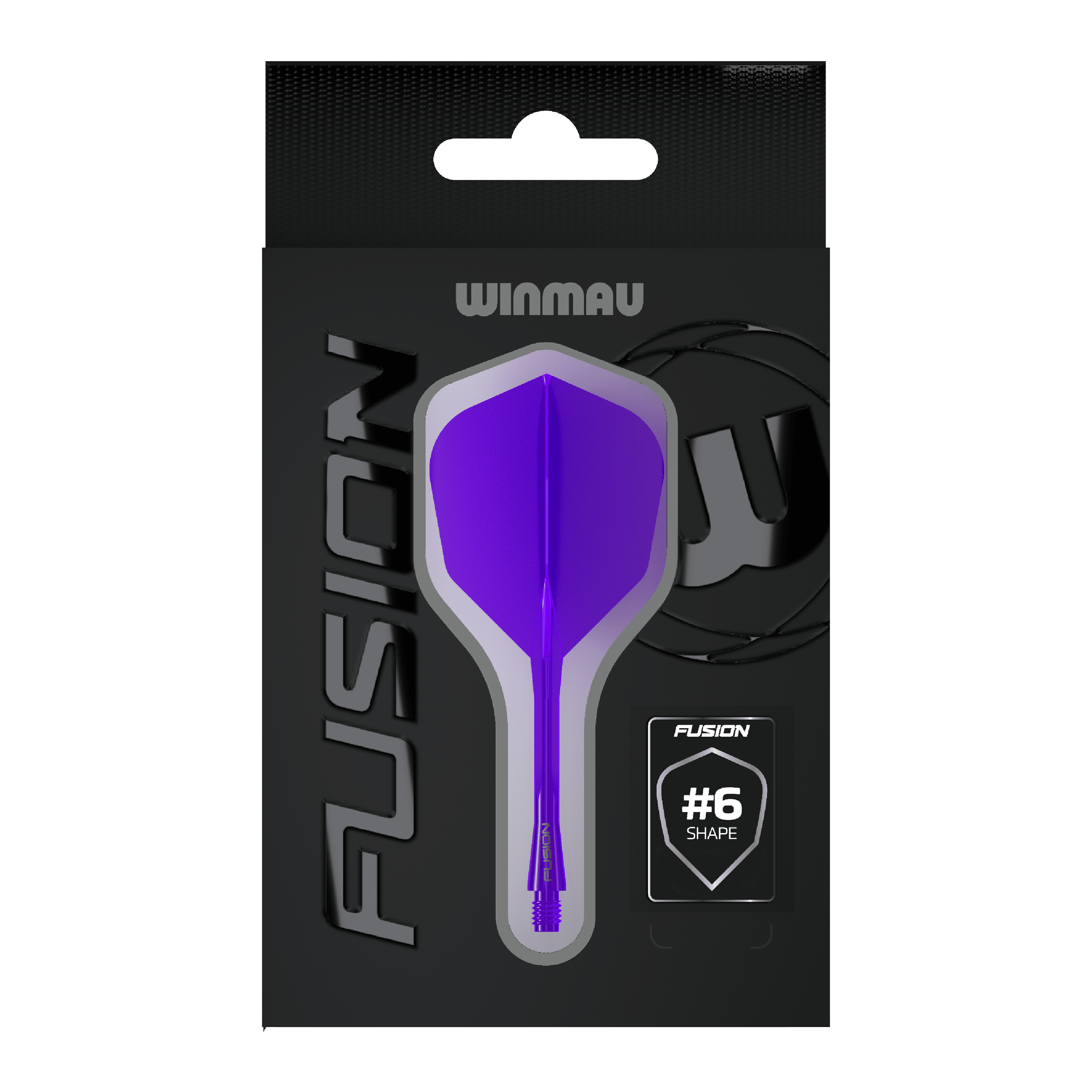 Zu sehen ist das Winmau Fusion Flight-Shaft-System No6 in Lila. Das Produkt wird für Dartspiele verwendet.
