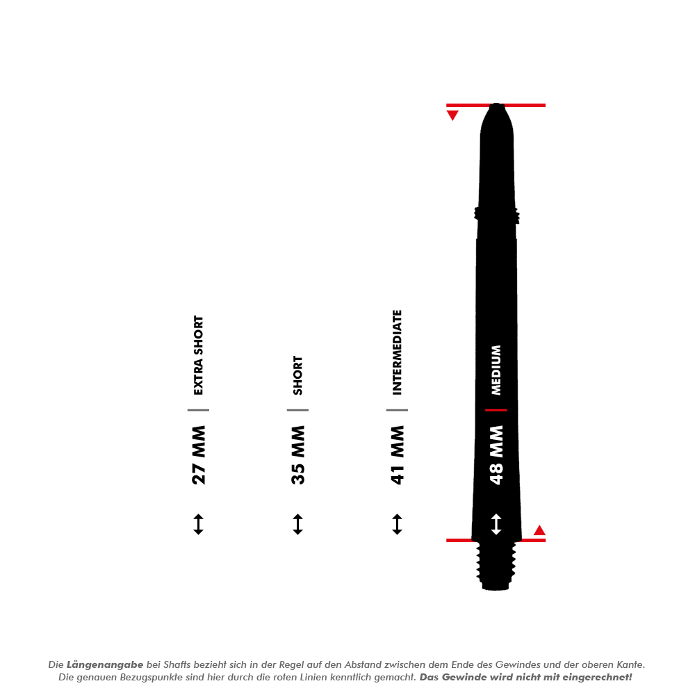 Das Bild zeigt die RedDragon Crossfire Carbon Fibre Shafts in vier verschiedenen Längen: 27 mm, 35 mm, 41 mm und 48 mm. Jede Länge ist mit einer Bezeichnung wie Extra Short, Short, Intermediate und Medium versehen.