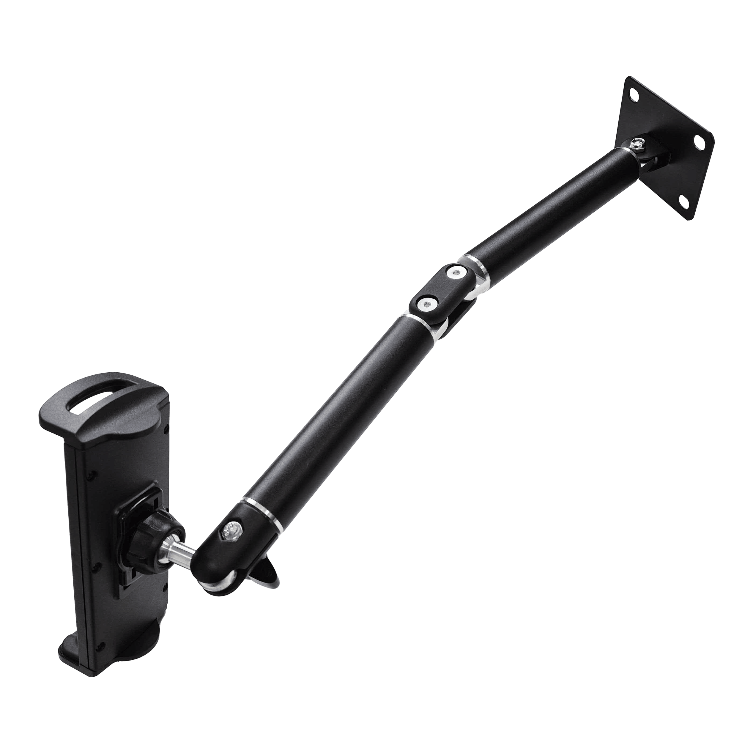 McDart TABFlex tablet wall mount with flexible arm Dieses Bild zeigt die McDart TABFlex Tablet Wandhalterung mit flexiblem Arm. Die Halterung ist schwarz und lässt sich an der Wand befestigen, um ein Tablet flexibel auszurichten.