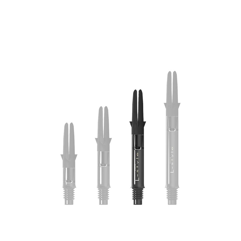 L-L-Style-Shaft Carbon Silent Straight - Schwarz Auf dem Bild sind drei schwarze Carbon-Shafts für Dartpfeile in unterschiedlichen Längen zu sehen. Sie stehen nebeneinander aufrecht aufrecht und besitzen alle denselben Aufbau.
