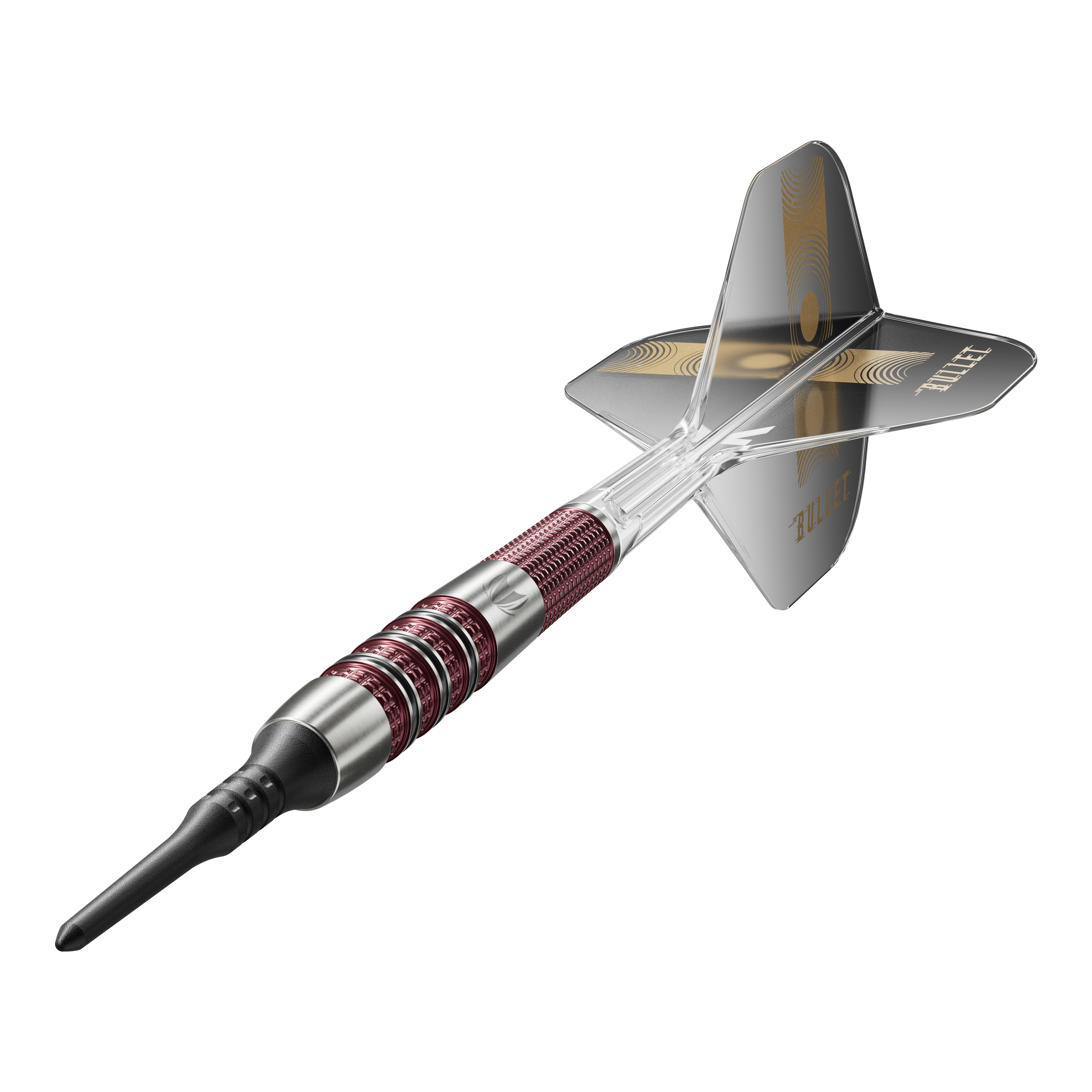 Das Bild zeigt einen Target Stephen Bunting 95K Softdart mit einem Gewicht von 19 Gramm. Der Dartpfeil hat ein schwarzes Flight mit goldenen Verzierungen und einen rot-silbernen Griff.