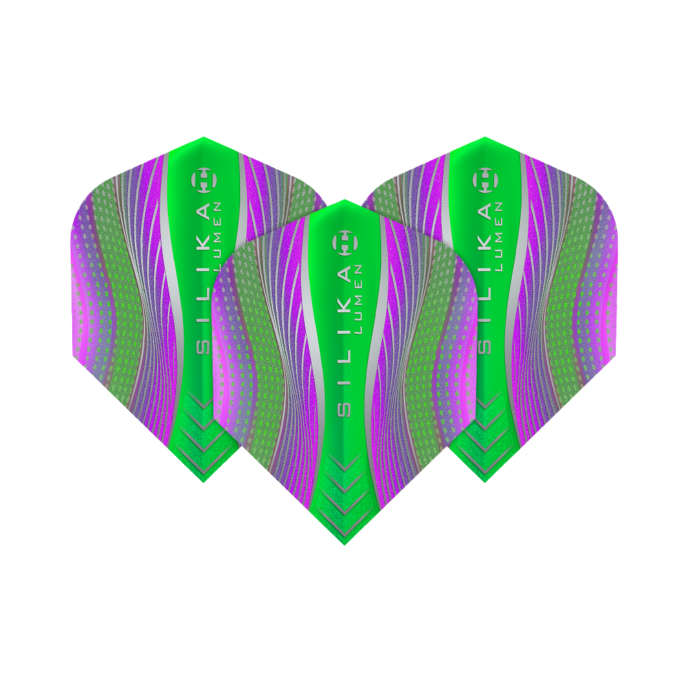 HF5125_Harrows_Silikia_Lumen_Purple_Green_No6_Flights_1yJ34B48Q5pQhO Das Bild zeigt drei Harrows Silika Lumen Purple Green No6 Flights. Die Flights sind in leuchtenden Grün- und Lilatönen mit modernen Mustern gestaltet.