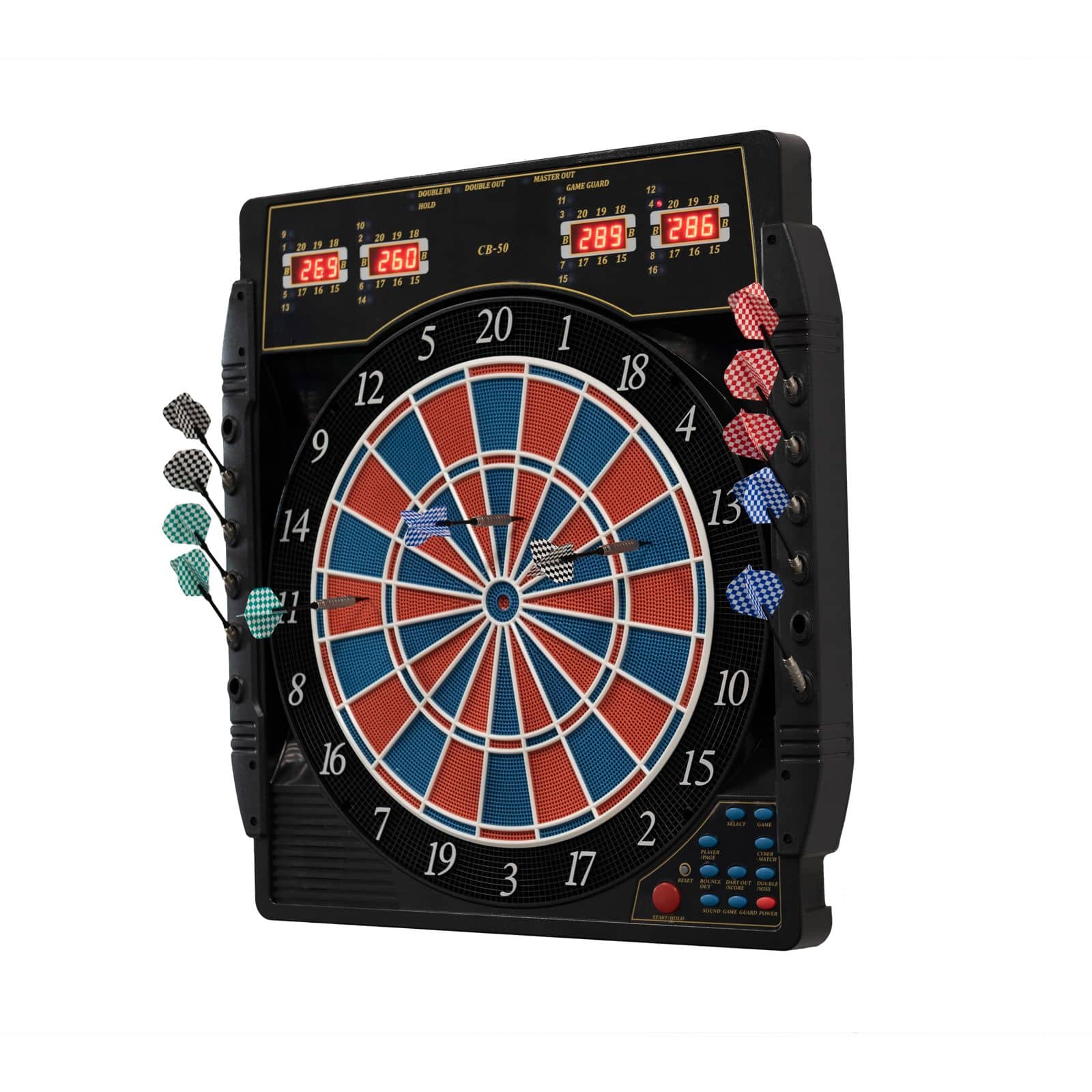 Elektronische Dartscheibe Karella CB 50 Turnierausführung Die Abbildung zeigt die elektronische Dartscheibe Karella CB 50 Turnierausführung. Sie verfügt über digitale Anzeigen und bunte Softdarts, die an den Seiten befestigt sind.