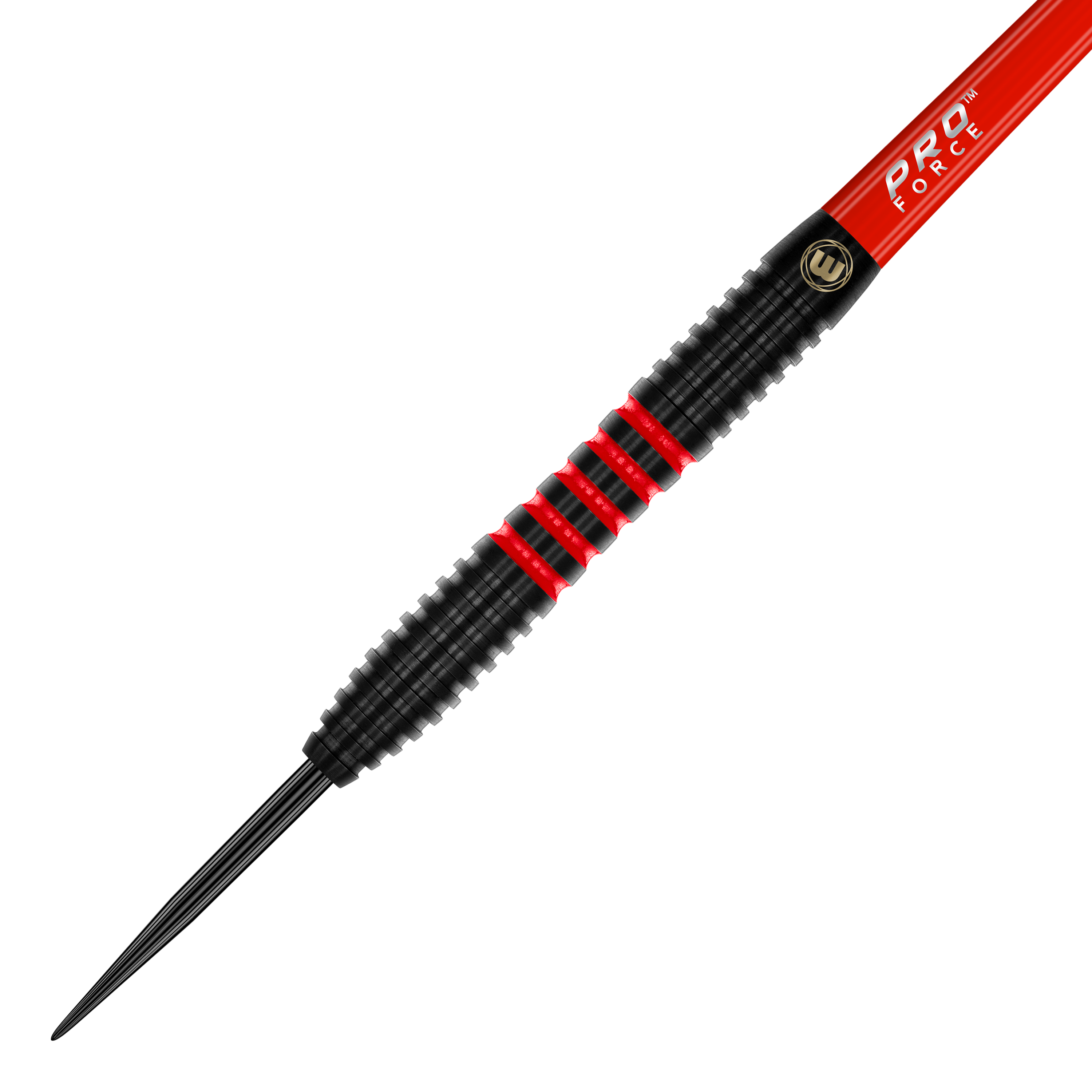 Winmau Joe Cullen 85 Pro-Series steel darts Auf dem Bild ist ein Winmau Joe Cullen 85 Pro-Series Steeldart zu sehen. Der Dartpfeil hat ein schwarzes Design mit roten Akzenten und einer feinen Griffstruktur.