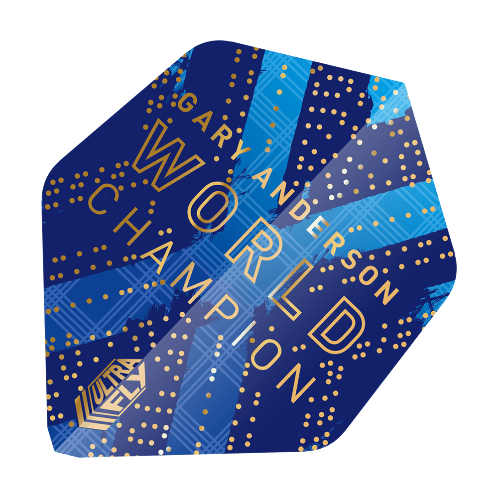 69454_Unicorn_World_Champion_Gary_Anderson_Phase_6_AR2_Flights_2 Das Bild zeigt ein Dart-Flights mit einem blauen Design und goldenen Punkten. Auf dem Flight steht "Gary Anderson World Champion" und das "Ultrafly"-Logo ist ebenfalls sichtbar.