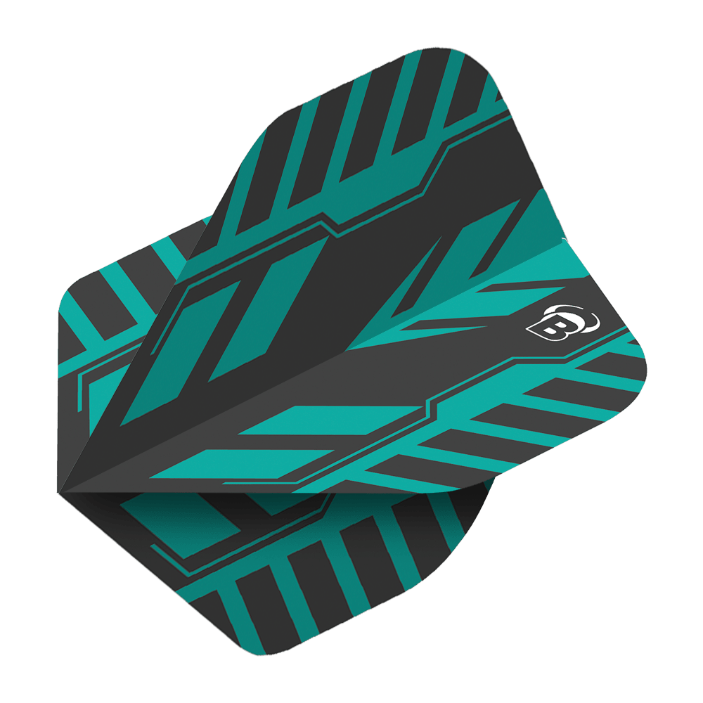 Bulls B-Star Veco No2 Standard Flights Das Bild zeigt das Produkt "Bulls B-Star Veco No2 Standard Flights". Es hat ein modernes, grafisches Design in Schwarz und Türkis mit einem weißen "B"-Logo.