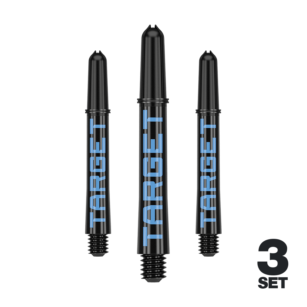 Das Bild zeigt drei schwarze Dartschäfte mit blauer Aufschrift "TARGET". Unten rechts steht "3 SET", was auf ein Set aus drei Stück hinweist.
