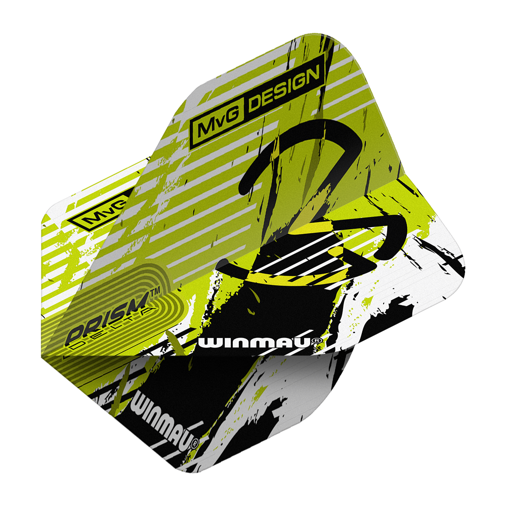 Winmau Delta Michael Van Gerwen Prism 03 Standard Flights Das Bild zeigt die Winmau Delta Michael Van Gerwen Prism 03 Standard Flights. Das Design ist in Gelb, Schwarz und Weiß gehalten und trägt den Schriftzug "MvG DESIGN" sowie das Winmau-Logo.