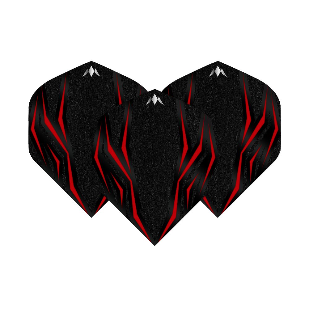 Mission Lava Red No2 Standard Flights Das Bild zeigt drei schwarze Dartflights mit roten, lavaähnlichen Mustern. Die Flights sind das Modell "Mission Lava Red No2 Standard Flights".