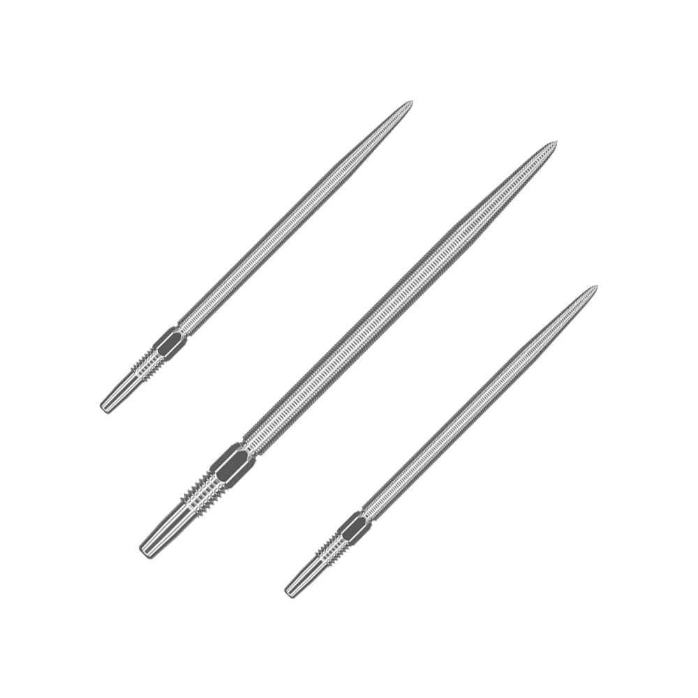 Target Swiss Point Nano Dart Tips - Silver Das Bild zeigt drei silberne Dartspitzen, die nebeneinander angeordnet sind. Sie sind lang, schmal und haben gerillte Bereiche am hinteren Ende.