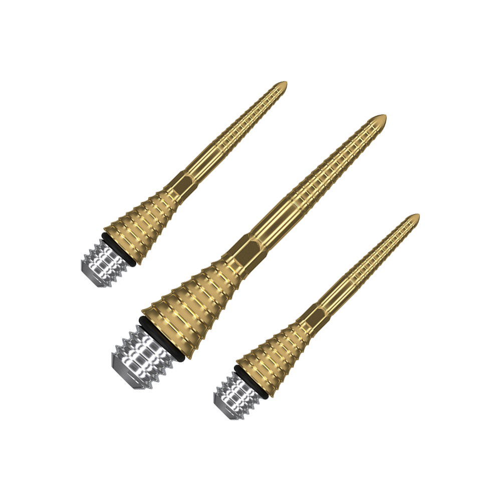 380178_Target_Titanium_Swiss_Point_Grooved_Conversion_Points_Gold_26mm_1 Das Bild zeigt drei goldfarbene Target Swiss Point Grooved Conversion Points. Sie haben ein gerilltes Design und sind für Dartpfeile bestimmt.