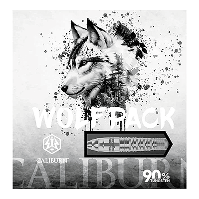 Caliburn Wolfpack W3 Steeldarts - 21g Das Bild zeigt die Verpackung der Caliburn Wolfpack W3 Steeldarts mit einem Wolf als Motiv. Die Darts bestehen zu 90 % aus Tungsten und wiegen 21 Gramm.
