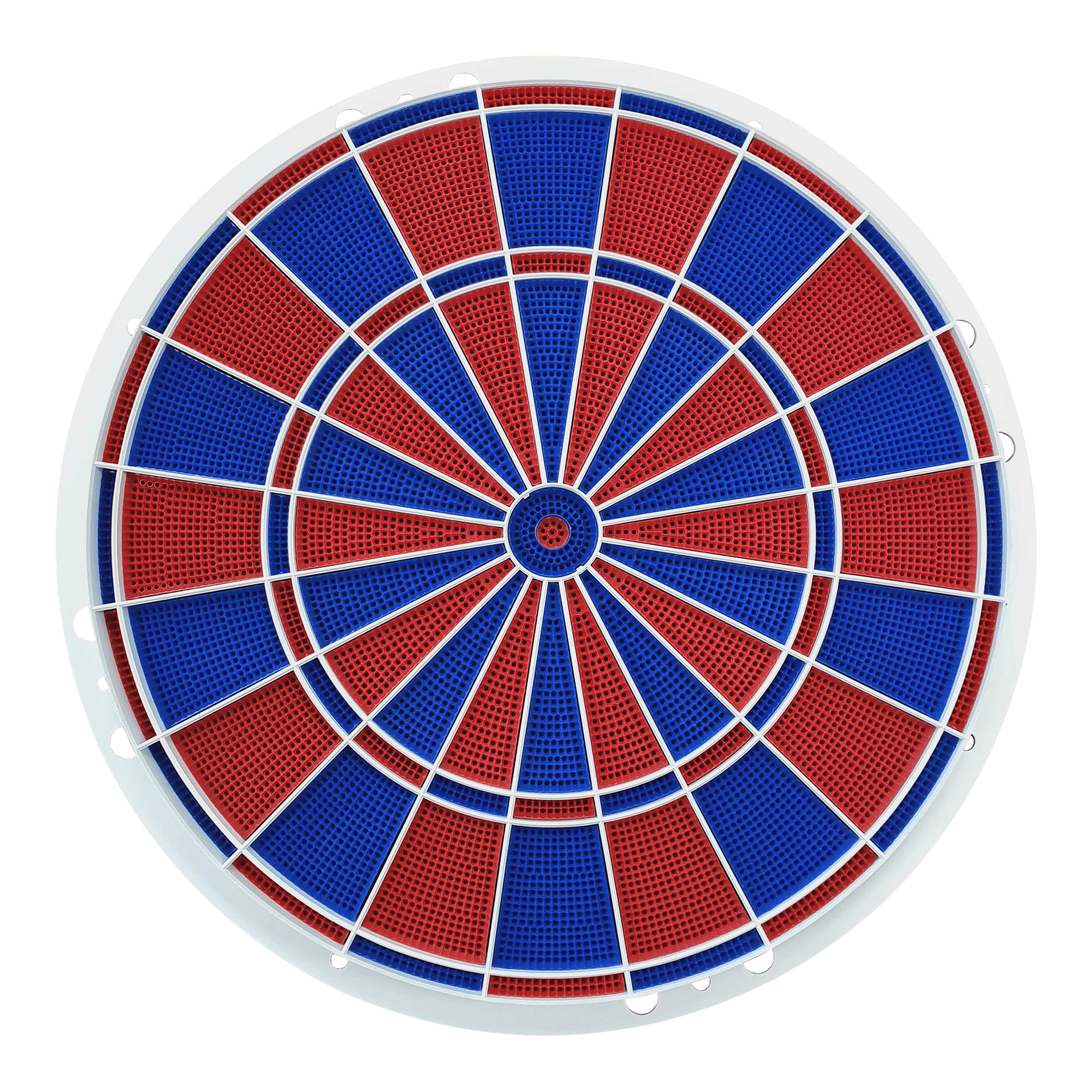 Löwen Dart spare parts 82 segment and spider set Das Bild zeigt ein Löwen Dart Ersatzteile 82er Segment- und Spider Set. Es besteht aus abwechselnd roten und blauen Segmenten mit weißen Trennstreben.