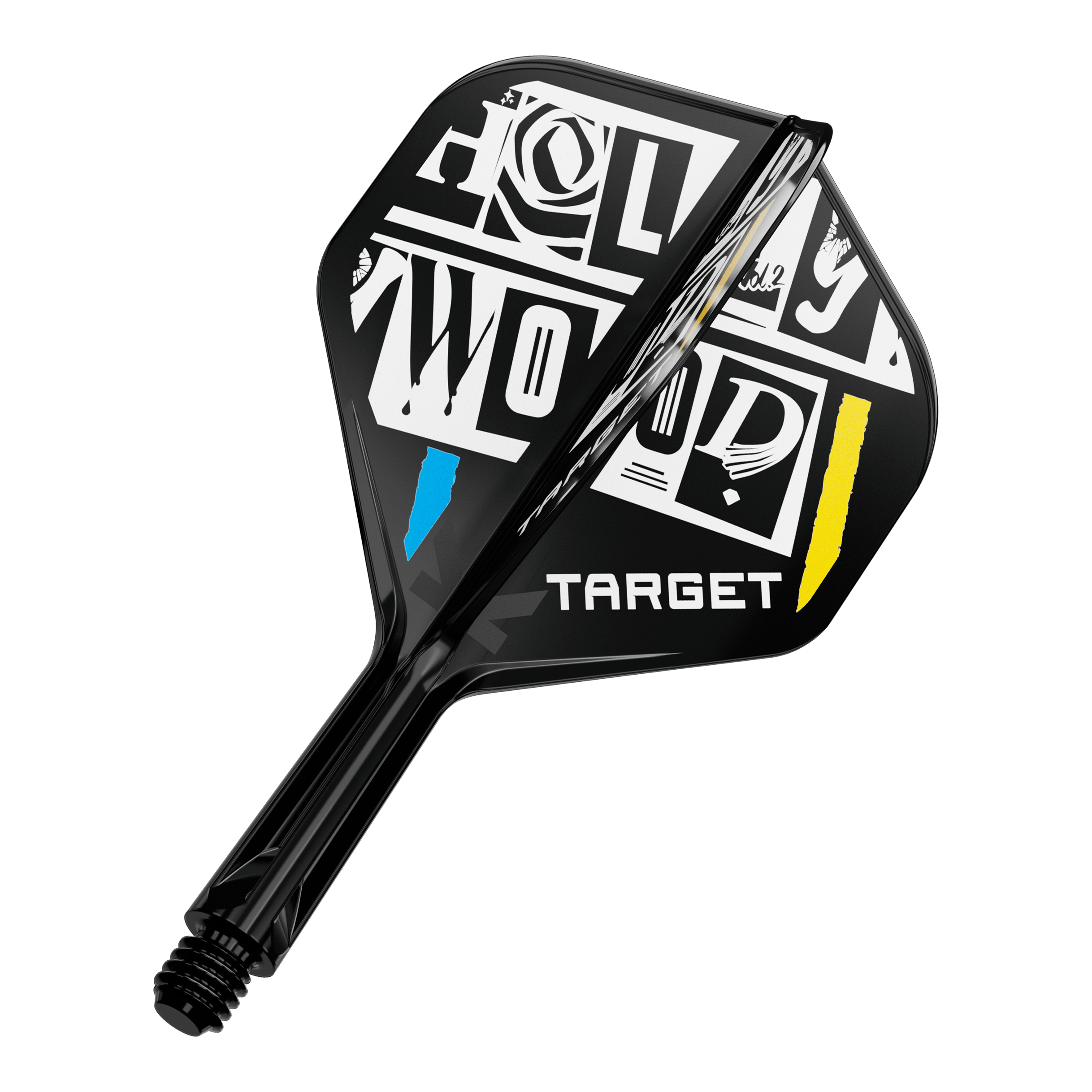 Target K-Flex Chris Dobey No2 Standard Flight Shaft System Das Bild zeigt einen Dartpfeil-Flügel mit auffälligem schwarz-weißem Design und den farbigen Akzenten Blau und Gelb. Auf dem Flügel steht das Wort "TARGET" und ein grafisch gestalteter Schriftzug "HOLLYWOOD".