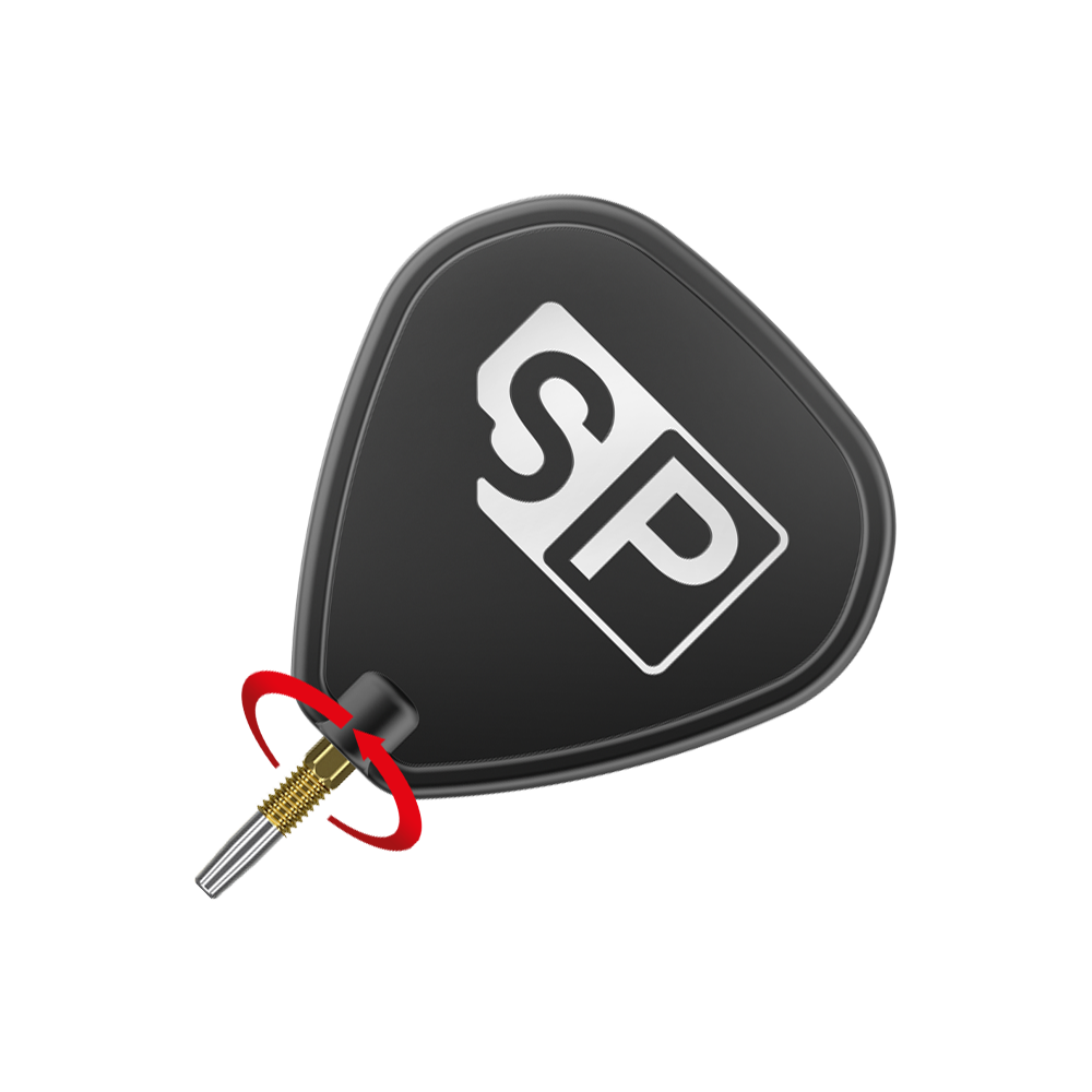 Target Swiss Firepoint Gold dart tips Das Bild zeigt eine schwarze Dart-Flightscheibe mit dem weißen Aufdruck "SP". Darunter ist eine goldene Dartspitze mit einem roten Pfeil, der eine Drehbewegung anzeigt.