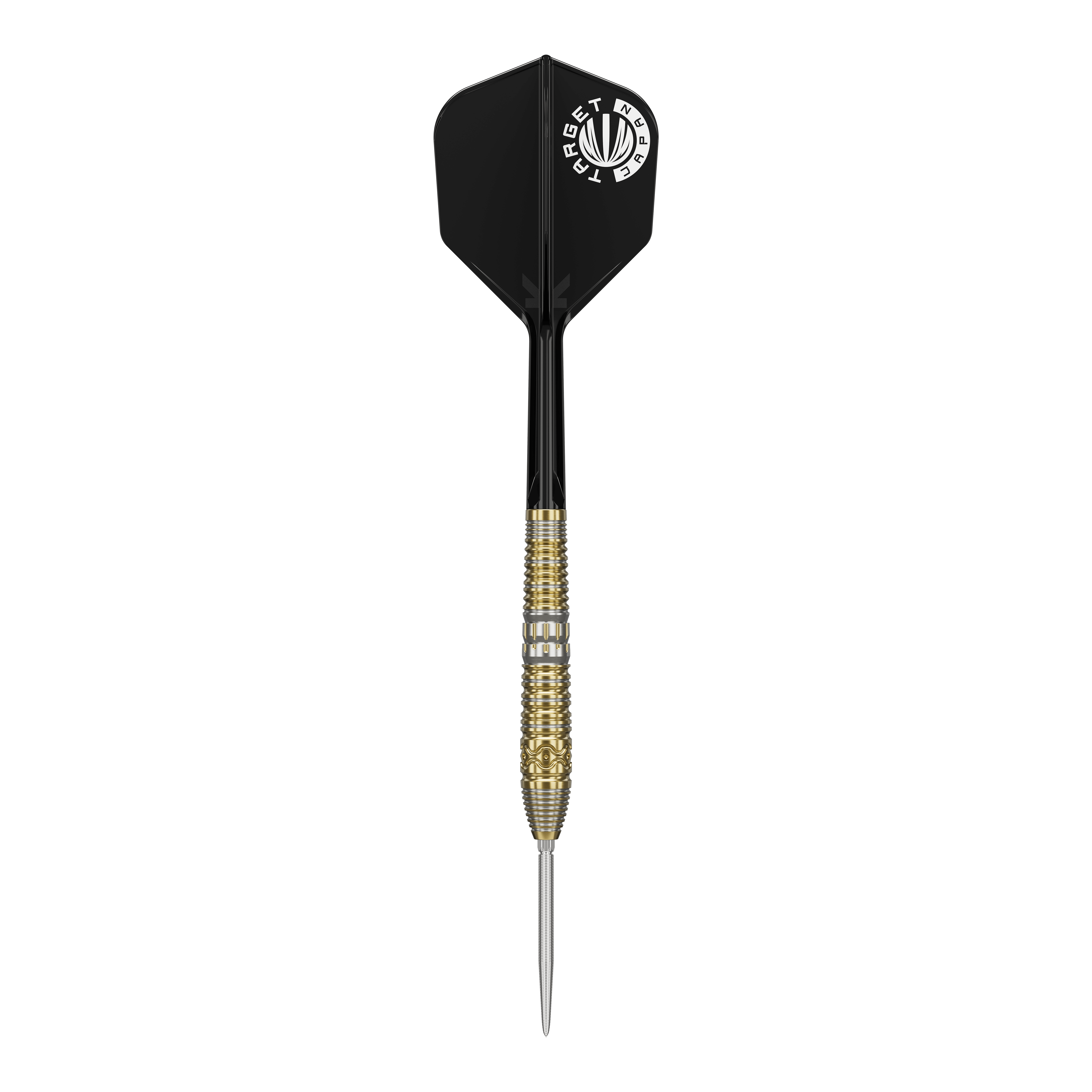 Das Bild zeigt einen Target Japan Hot Shot GEN2 Steeldart mit einem Gewicht von 23g. Der Dart hat eine goldene, strukturierte Spitze und schwarze Flights.