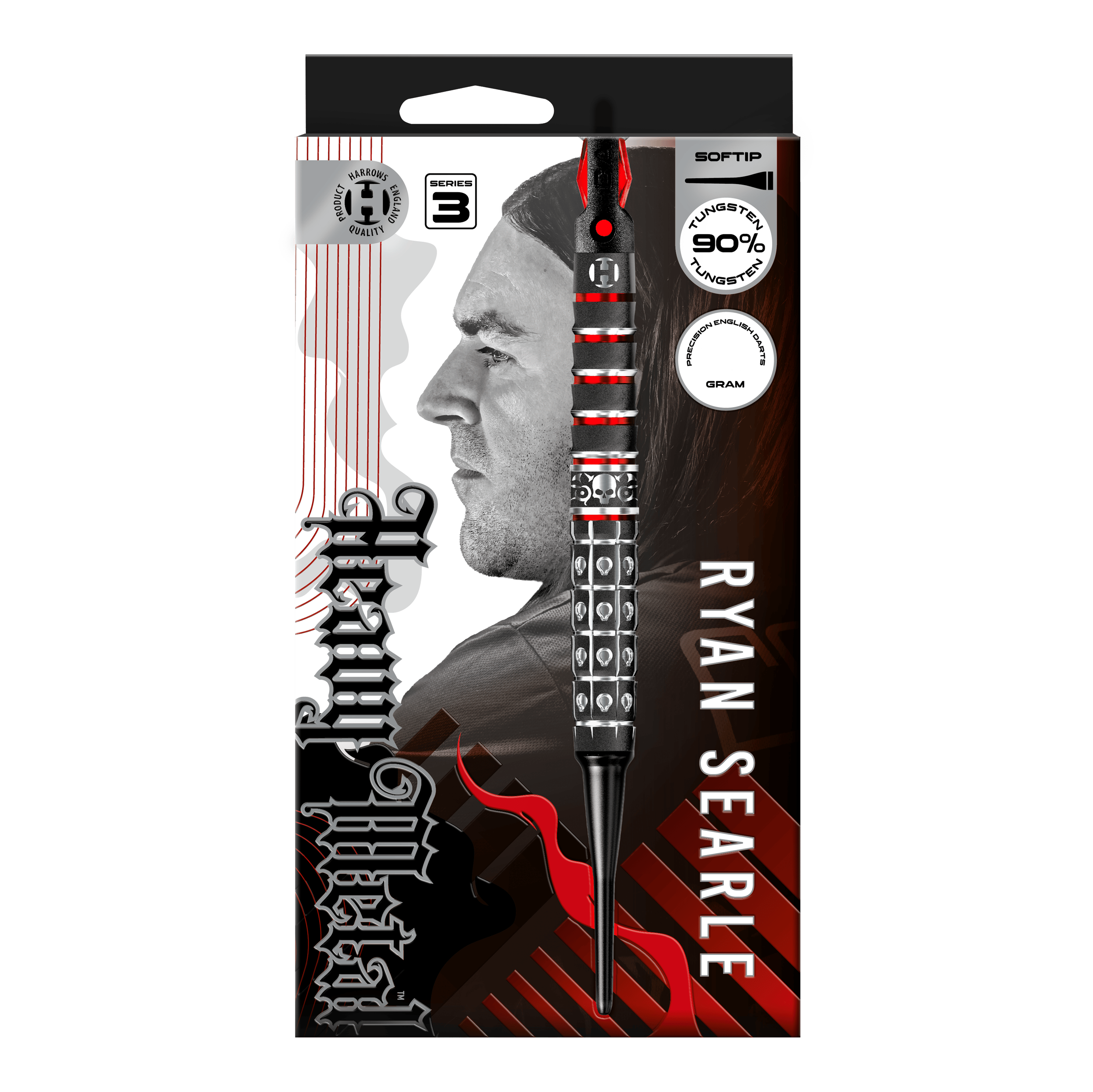 Abgebildet ist Harrows Ryan Searle Series 3 Softdarts. Es handelt sich um einen Satz moderner Softdarts für Dartspieler.