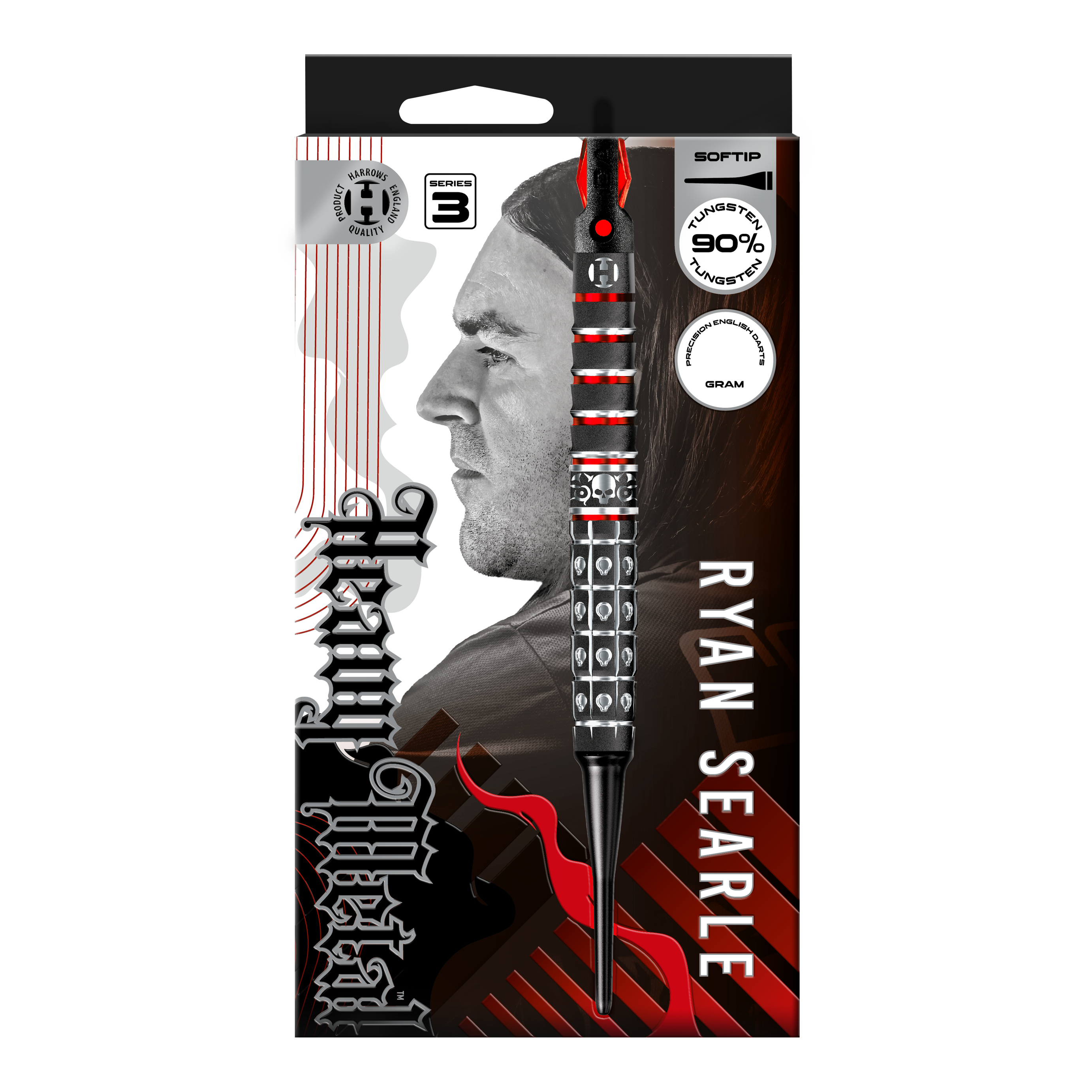 Harrow's Ryan Searle Series 3 soft darts Abgebildet ist Harrows Ryan Searle Series 3 Softdarts. Es handelt sich um einen Satz moderner Softdarts für Dartspieler.