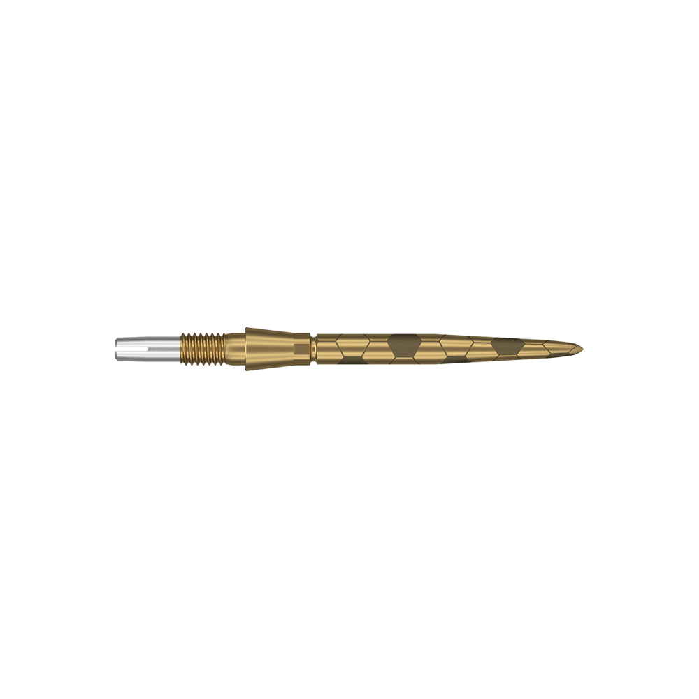 Target Swiss Storm Onyx Point Dart Tips - Gold Das Bild zeigt eine goldfarbene Dartspitze mit feinen eingravierten Mustern. Sie hat eine schlanke, spitz zulaufende Form und ist 26 mm lang.