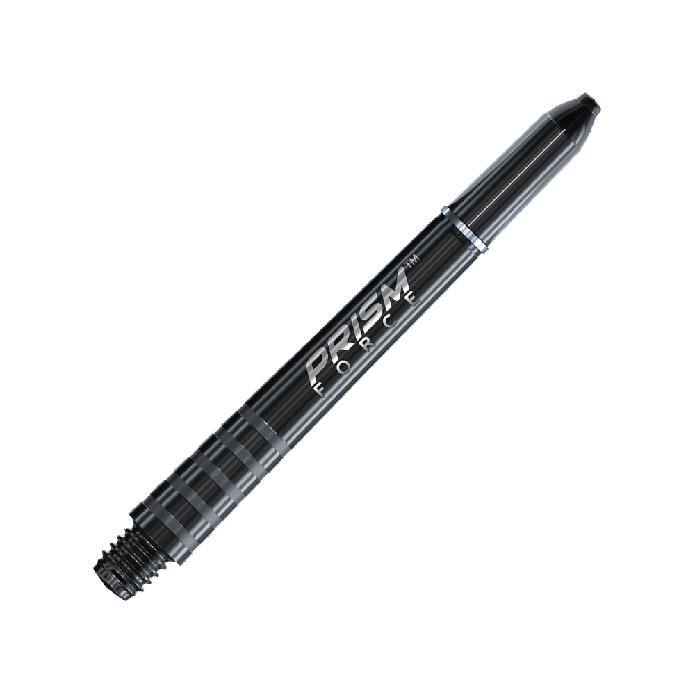 7020-401_Winmau_Prism_Force_Shafts_Schwarz_41mm_2 Dies ist ein schwarzer Winmau Prism Force Shaft für Darts. Auf dem Schaft steht der Schriftzug "PRISM FORCE" in weißer Farbe.