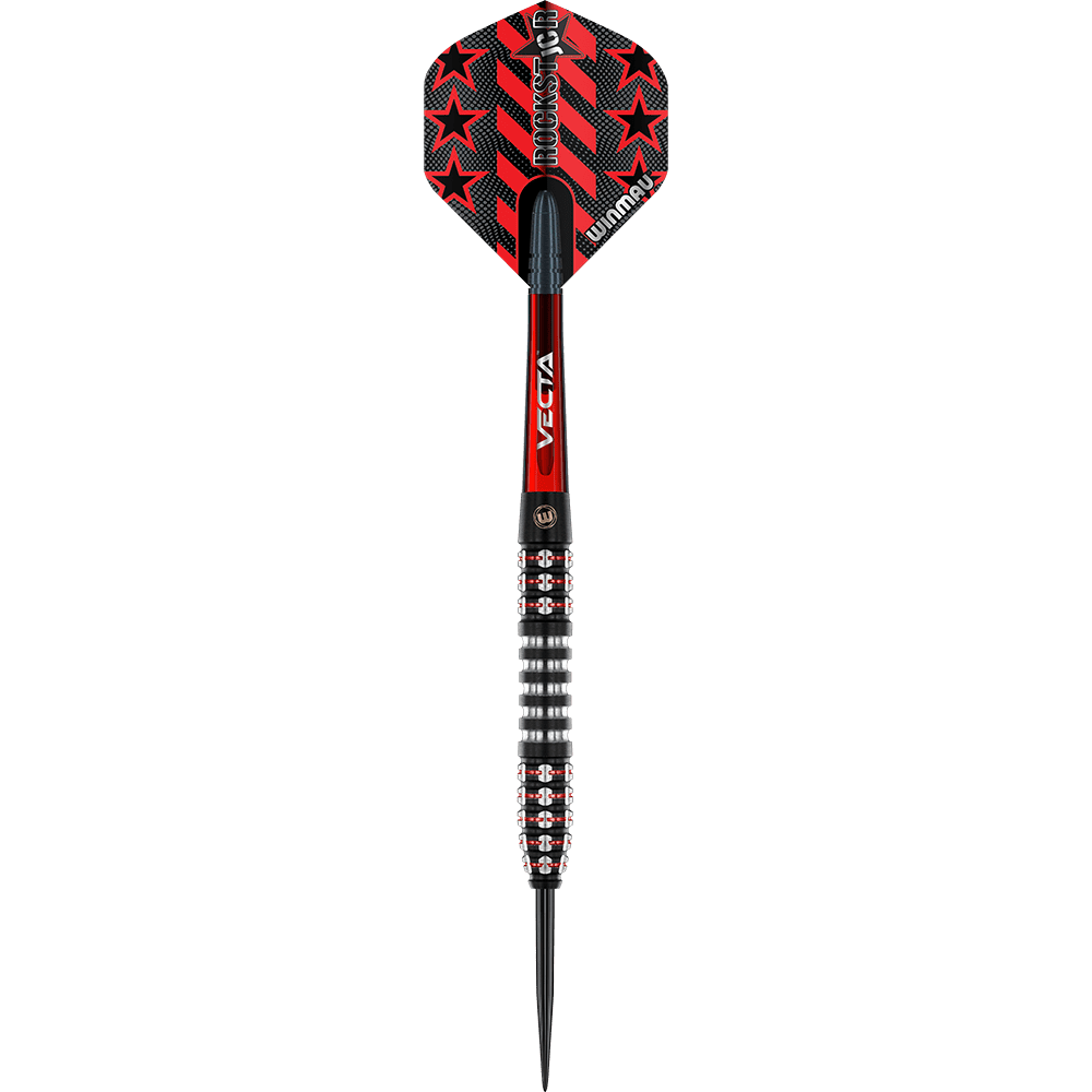 1483_Winmau_Joe_Cullen_Ignition_Series_Steeldarts_11w1LxS27IDqWq Das Bild zeigt einen modernen Steeldartpfeil mit schwarzer und roter Farbgebung. Auf dem Flight sind rote Sterne und der Schriftzug "Rockstar" zu sehen.