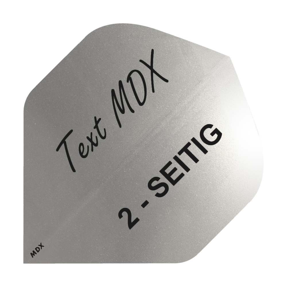10 sets of printed metallic flights, double-sided - custom text - MDX standard Das Bild zeigt ein silbernes Dart-Flight mit schwarzem Aufdruck. Darauf steht "Text MDX" und "2-SEITIG".