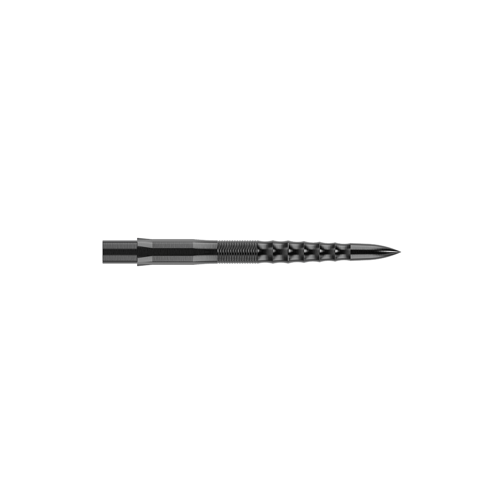 Mission Caliburn EVO Dart Tips - Ripple - Black Das Bild zeigt eine schwarze Steeldartspitze mit einer gerippten Oberflächenstruktur. Die Spitze ist gerade und hat eine Länge von 26 mm.
