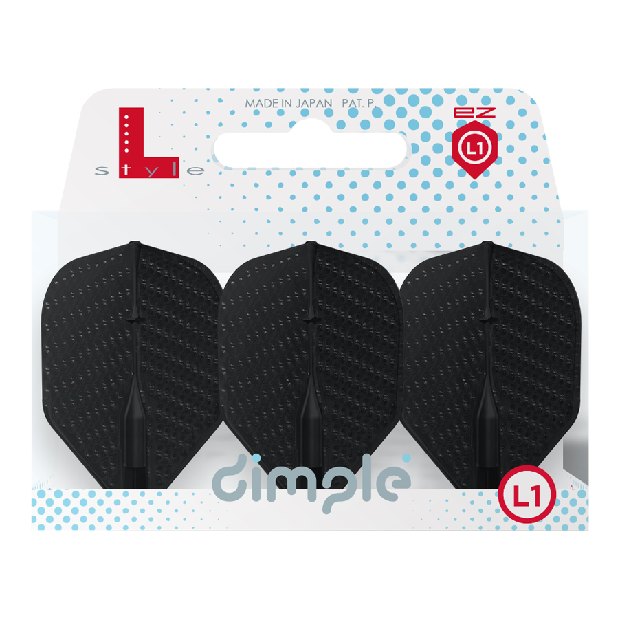 Auf dem Bild sind drei schwarze Dart-Flights in einer Verpackung zu sehen. Die Verpackung trägt die Aufschrift "dimple" und "L1" und ist von der Marke L-Style.
