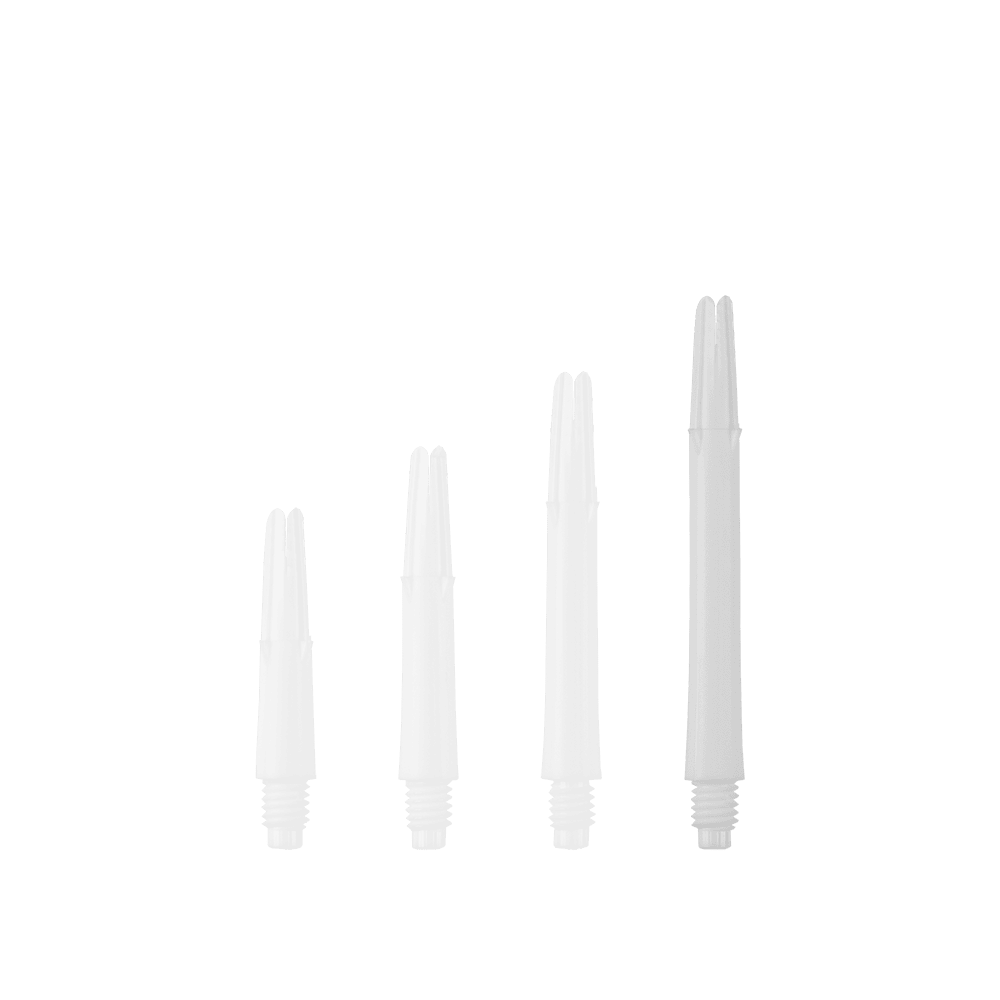 L-L-Style-Shafts Locked Straight - White Das Bild zeigt vier weiße, gerade Dartshafts in unterschiedlichen Längen. Sie sind ohne Kappen und stehen nebeneinander aufgereiht.