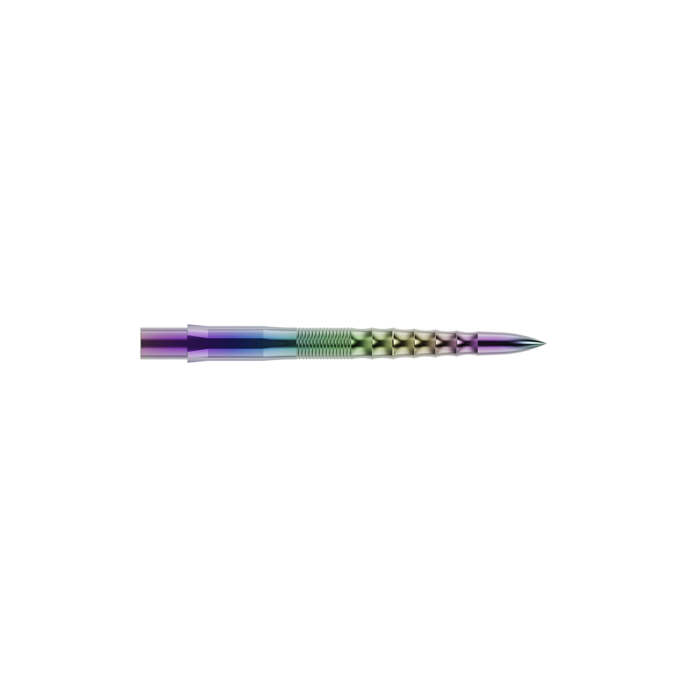 Mission Caliburn EVO dart tips - Ripple - Coral Auf dem Bild ist eine bunte Steeldartspitze mit wellenförmigem Design zu sehen. Sie hat eine glänzende Oberfläche mit Farbverlauf und ist wahrscheinlich aus Metall gefertigt.