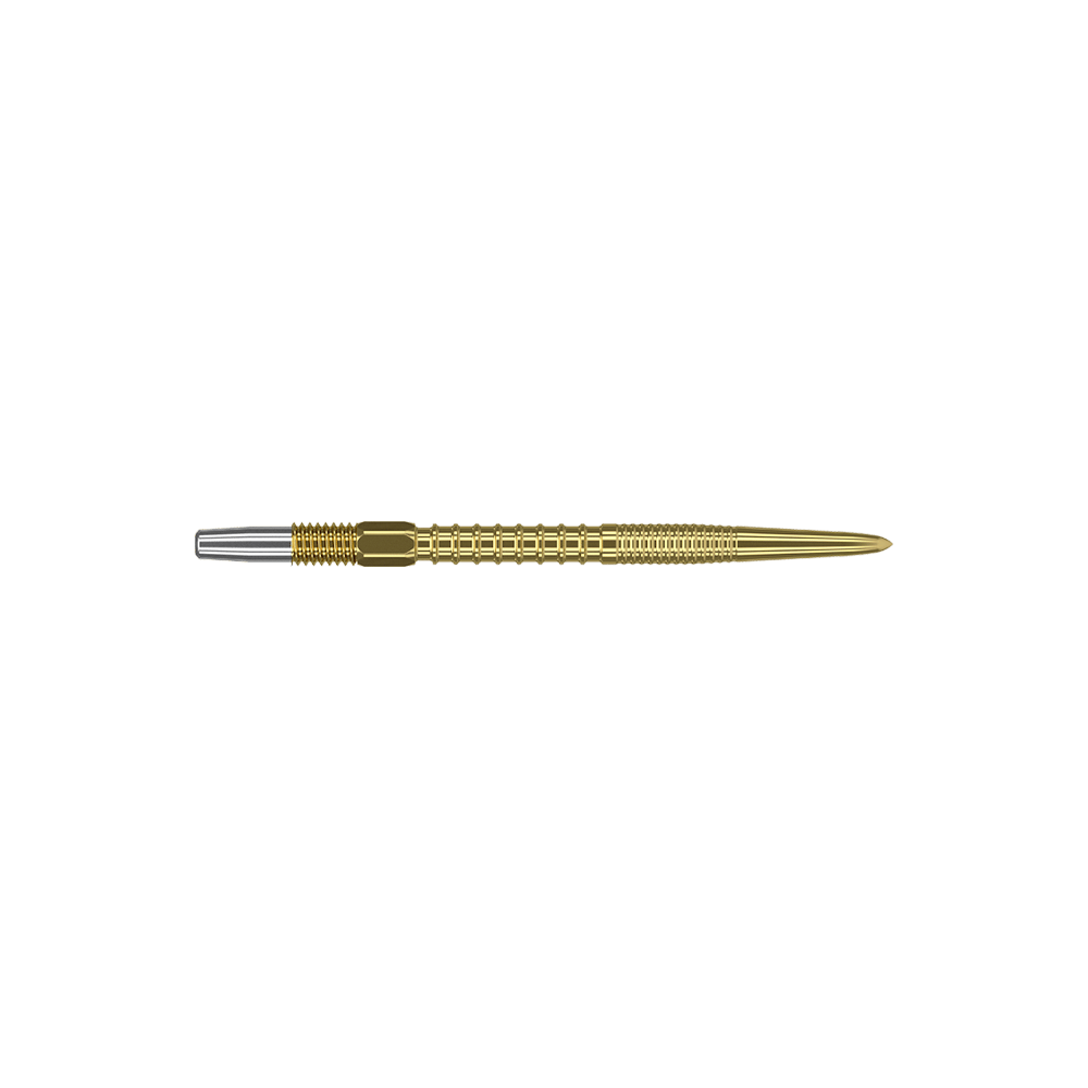 Target Swiss Firepoint Gold dart tips Auf dem Bild ist eine goldene Dartspitze mit einer silbernen Befestigung dargestellt. Die Spitze ist lang, fein gearbeitet und hat eine strukturierte Oberfläche.
