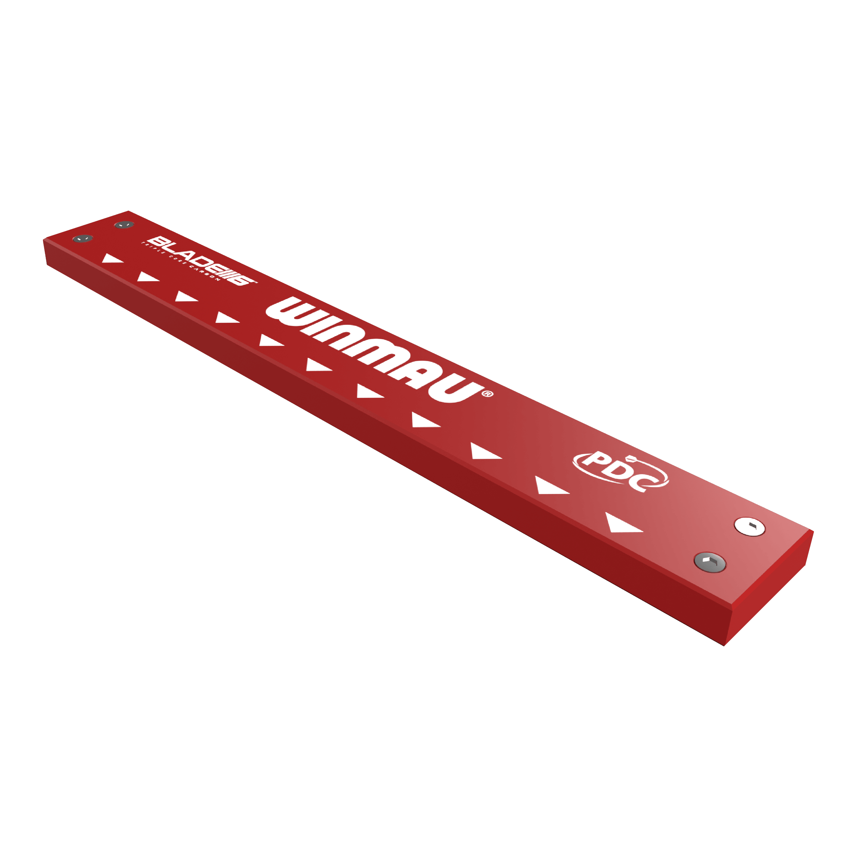 Winmau Clearzone PVC dart mat with oche Das Bild zeigt das Produkt "Winmau Clearzone PVC Dartmatte mit Oche". Es ist eine rote Dartmatte mit weißen Pfeilen und dem Winmau-Logo darauf.