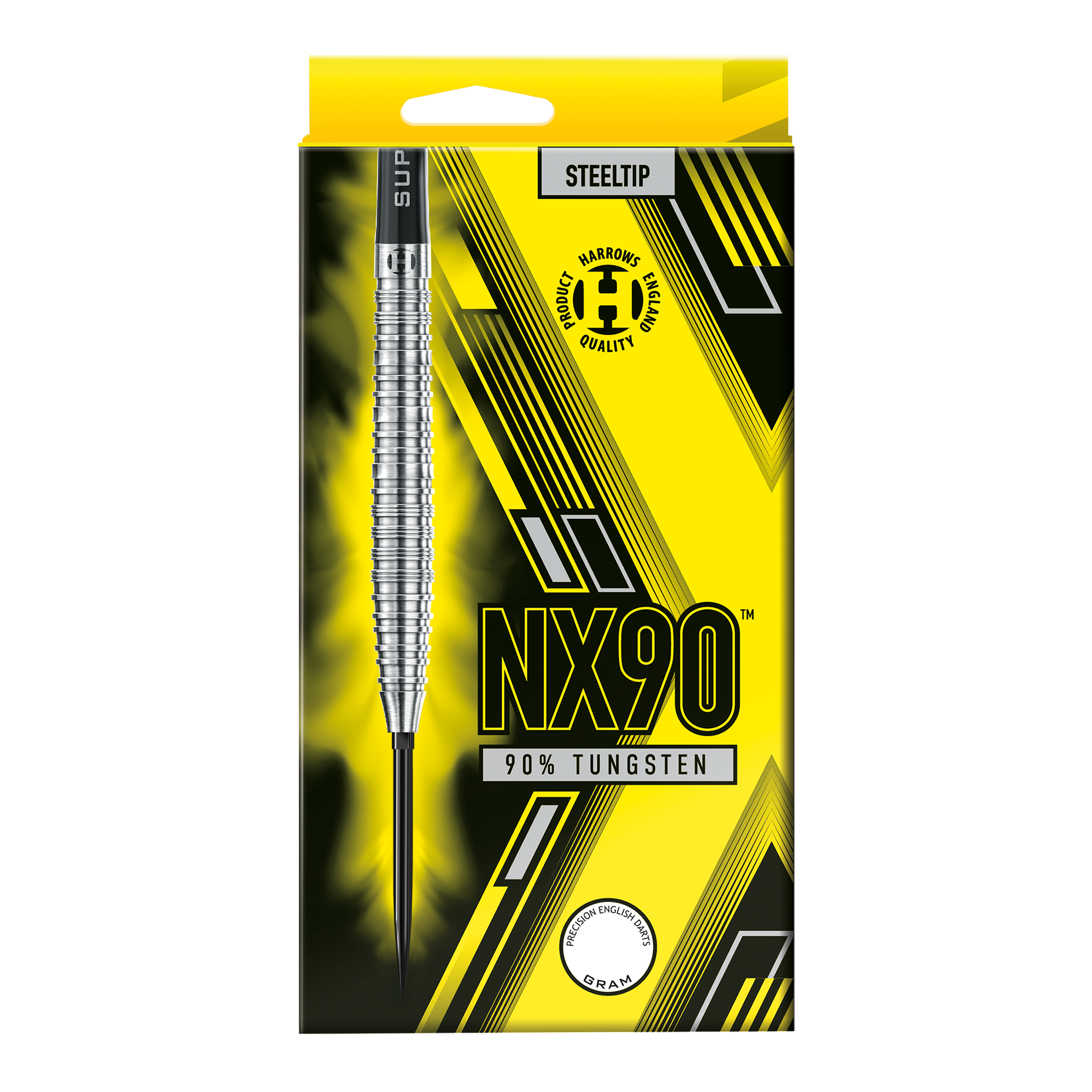 Die Abbildung zeigt die Harrows NX90 Tapered Quick Point Steeldarts. Diese Darts sind speziell für Genauigkeit und Kontrolle konzipiert.