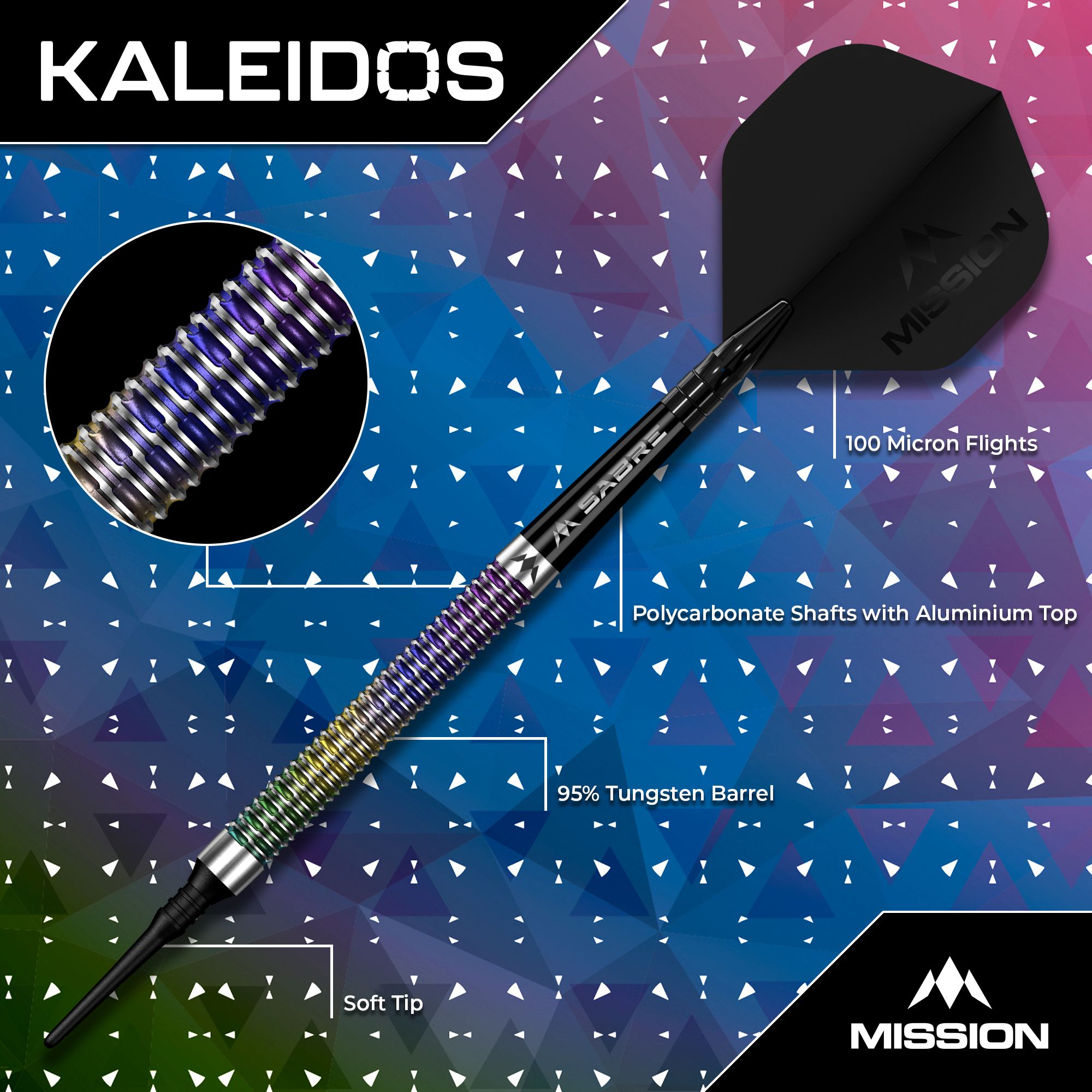 Mission Kaleidos soft darts - 19g Das Foto zeigt Mission Kaleidos Softdarts - 19g. Es handelt sich um hochwertige Darts für Hobby- und Profispieler.