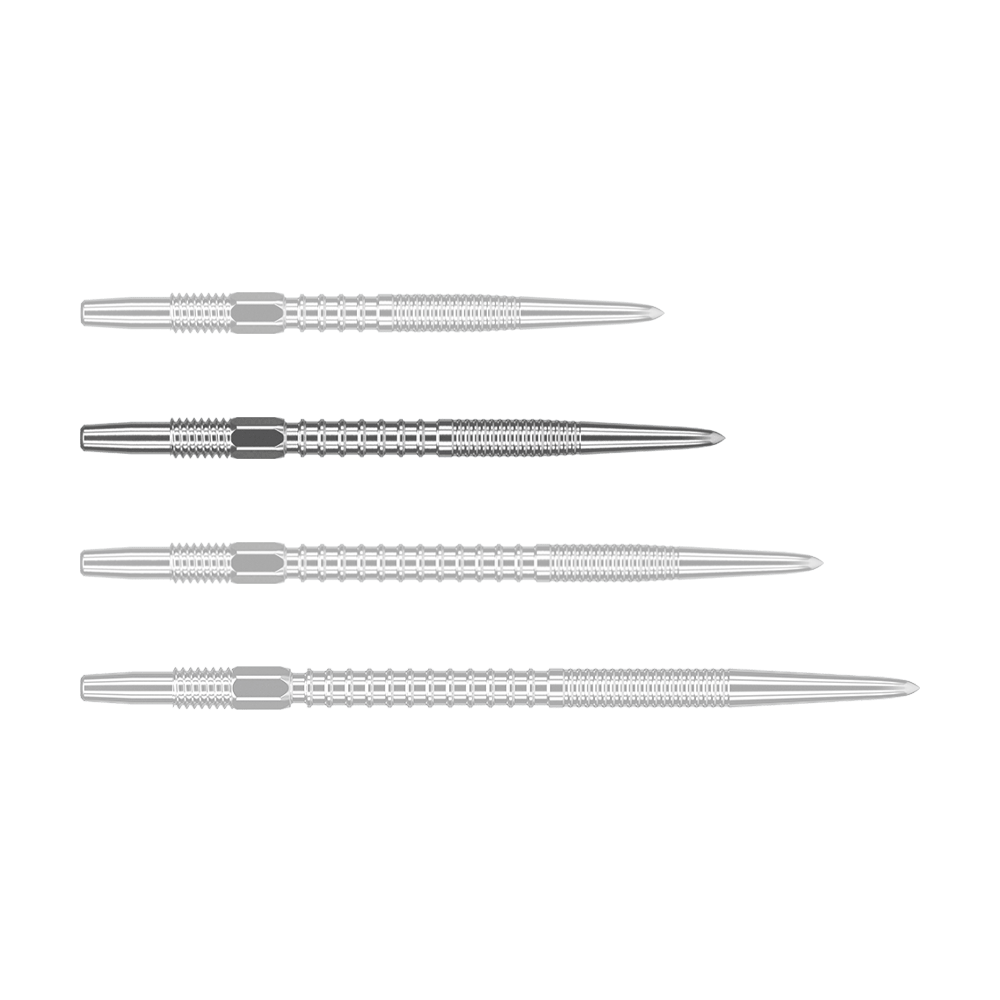 Target Swiss Firepoint Silver dart tips Auf dem Bild sind vier silberne Dartspitzen nebeneinander zu sehen. Sie haben eine geriffelte Oberfläche und sind spitz zulaufend.
