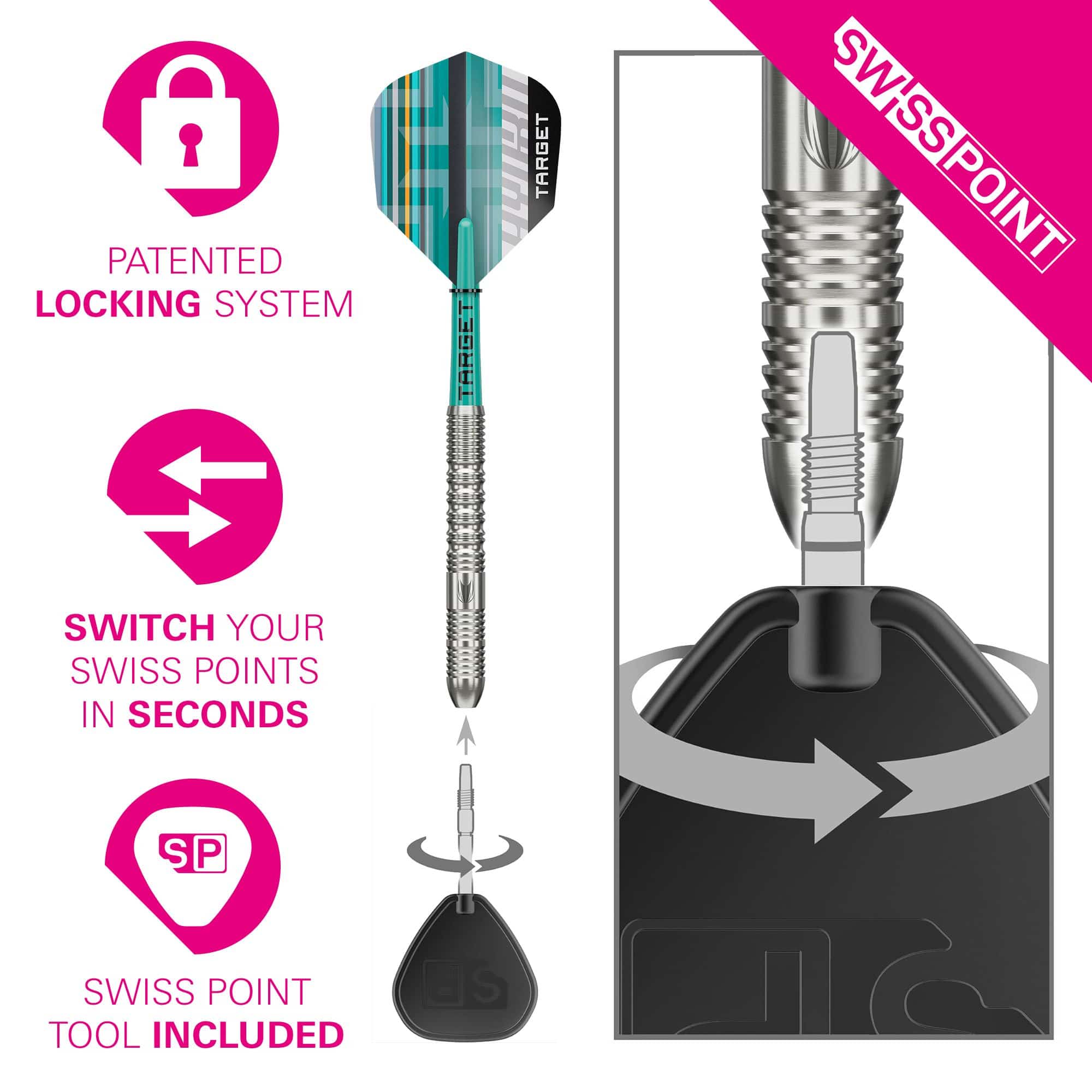 Das Bild zeigt die Target Hydro 01 Swiss Point Steeldarts. Die Darts befinden sich im Fokus der Aufnahme.