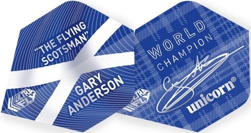 68769-Gary-Anderson-World-Champion Das Bild zeigt zwei blaue Dart-Flights mit weißem Aufdruck. Auf den Flights stehen die Schriftzüge „The Flying Scotsman, Gary Anderson“ und „World Champion, unicorn“ zusammen mit einer Unterschrift.