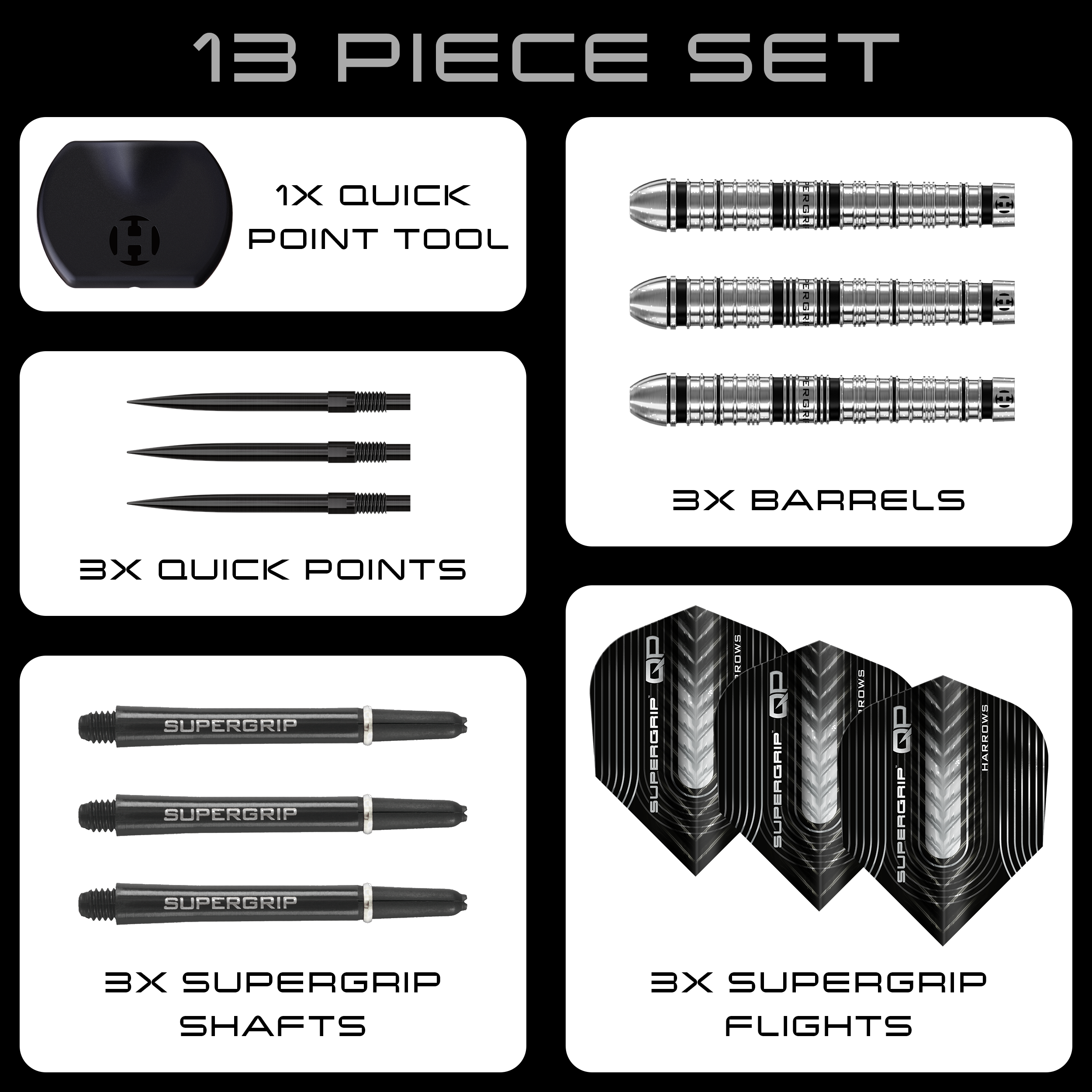 Harrows Supergrip Tapered Quick Point Steel Darts Zu sehen sind die Harrows Supergrip QP Tapered Quick Point Steeldarts. Diese Darts bieten eine hochwertige Verarbeitung für optimale Spieleigenschaften.