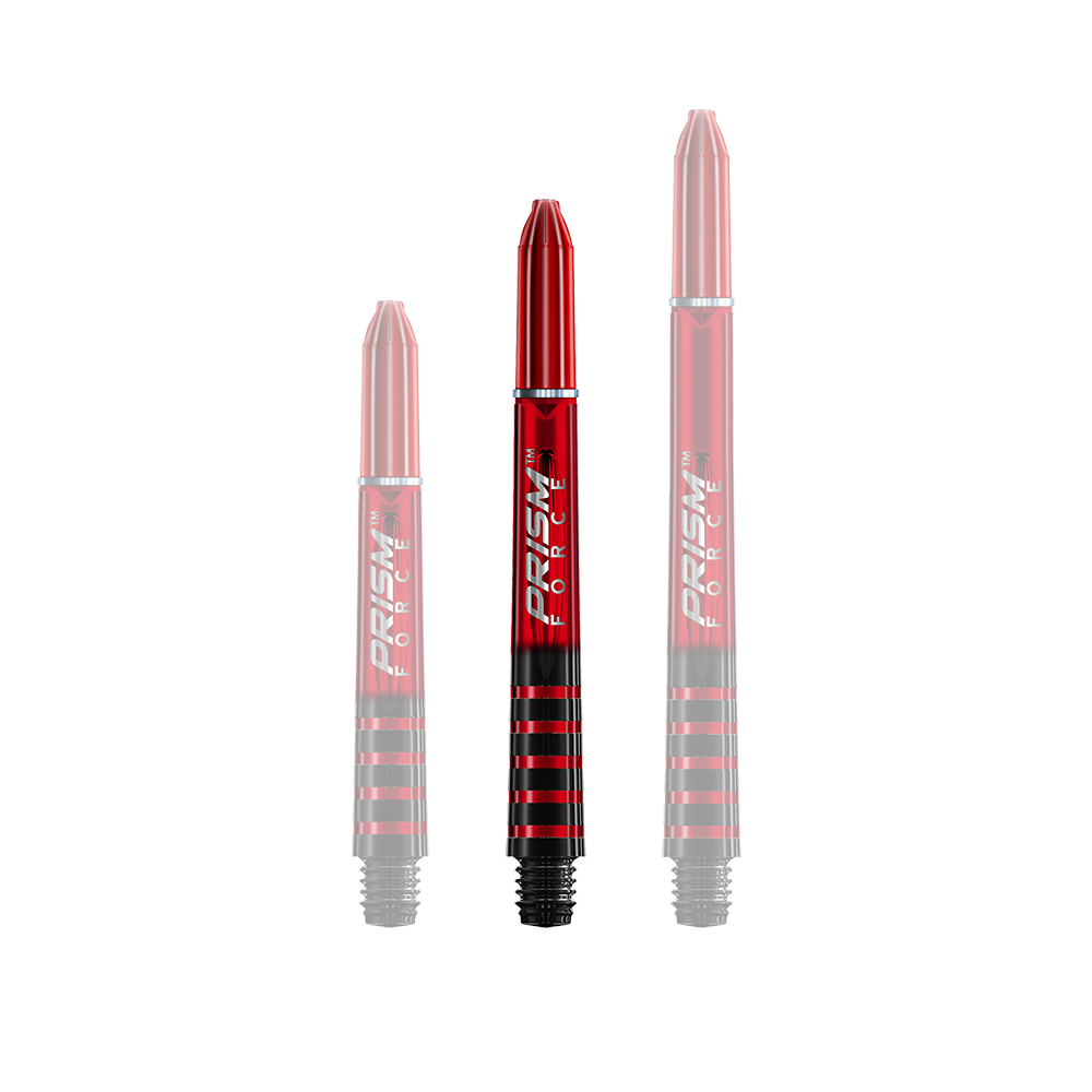 7020-404_Winmau_Prism_Force_Shafts_Rot_41mm_18X1SIMfP5zhBR Auf dem Bild sind drei rote Dartschäfte in unterschiedlichen Längen zu sehen. Alle drei tragen die Aufschrift "PRISM FORCE" und haben schwarze Streifen am unteren Ende.