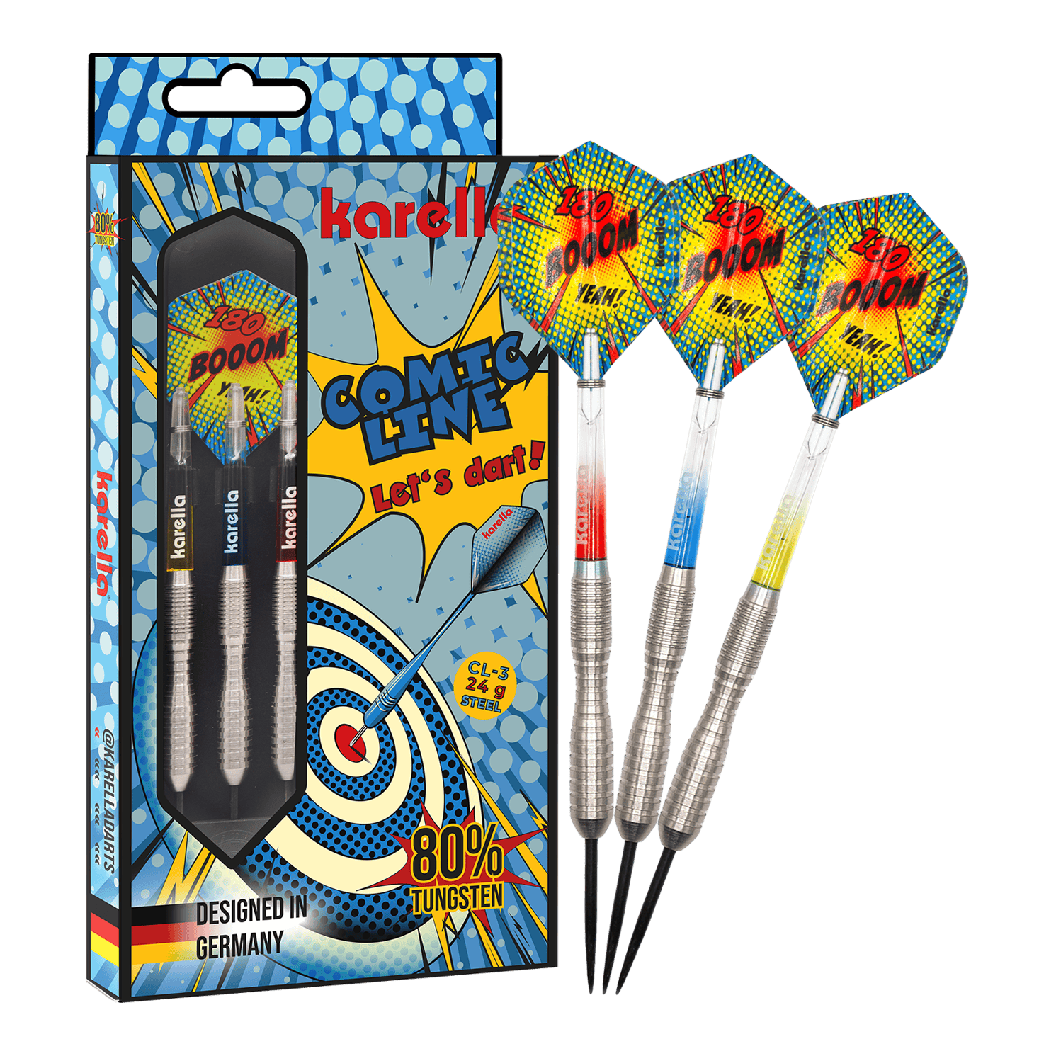Das Bild zeigt das Produkt Karella Comic Line CL-3 Steeldarts - 24g in voller Länge. Die Steeldarts sind klar zu erkennen.