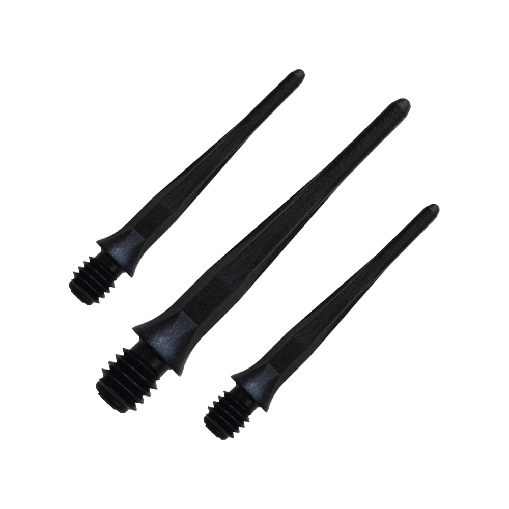 Zu sehen ist ein Set der Caliburn 2BA Softdartspitzen Schwarz im 50er Pack. Diese Spitzen bieten zuverlässigen Halt für Dartspieler.