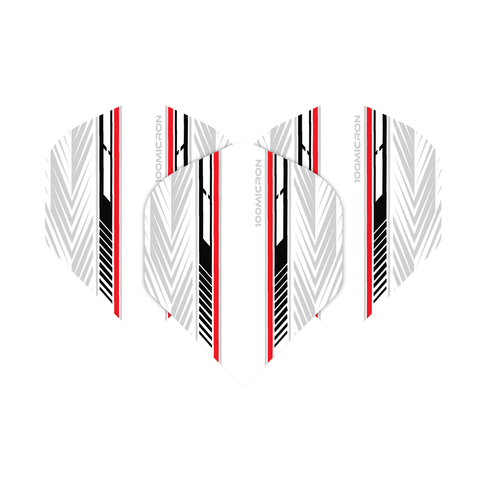 Pentathlon Flights white/black/red Das Bild zeigt die Pentathlon White Black Red No2 Standard Flights. Die Flights haben ein weißes Grunddesign mit schwarzen und roten Streifen sowie grafischen Mustern.