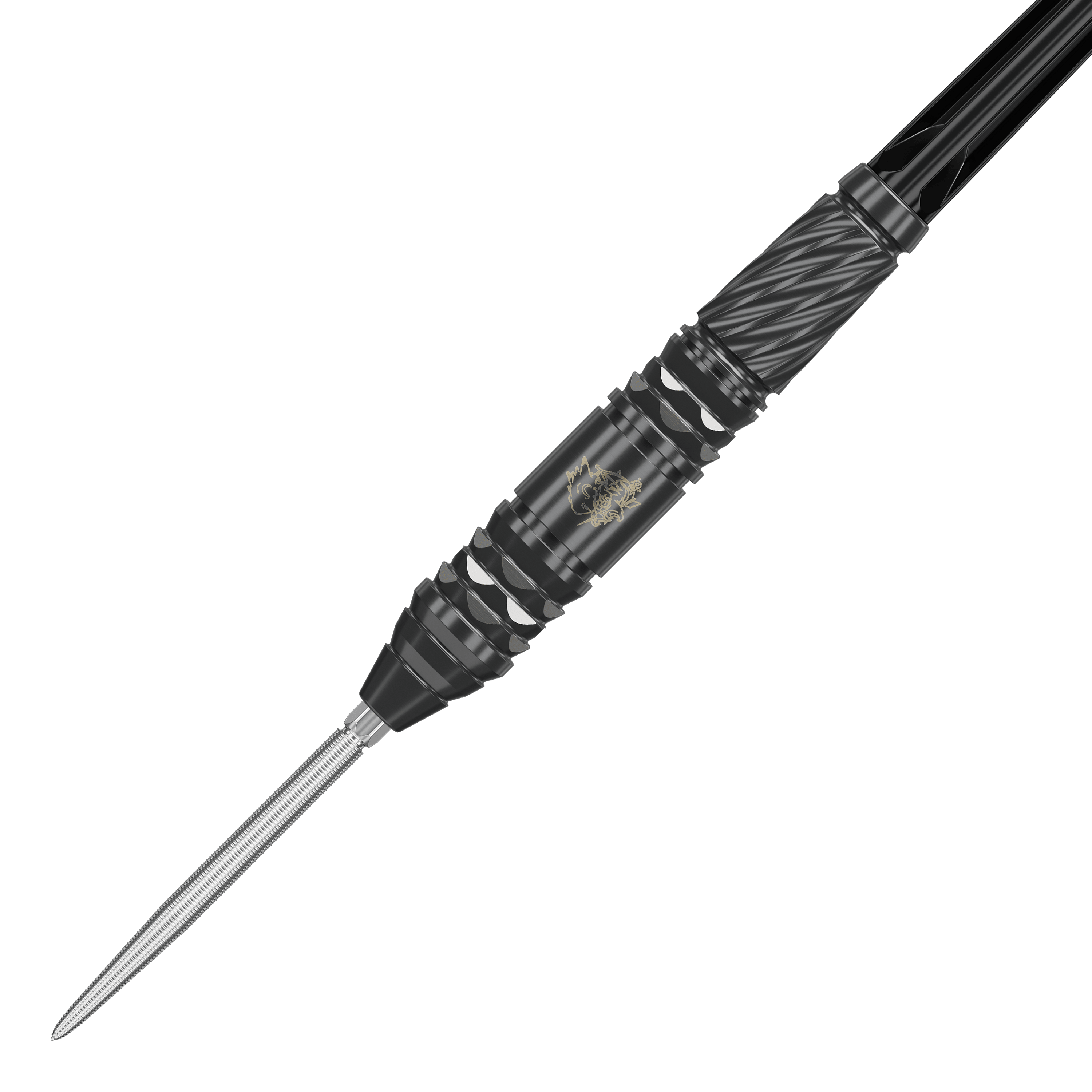 Target Japan Black Marque Dragon GEN2 Swiss Point Steel Darts Das Bild zeigt einen schwarzen Steeldart der Marke "Target Japan Black Marque Dragon GEN2 Swiss Point". Der Dart hat ein auffälliges, modernes Design mit silbernen und schwarzen Akzenten.