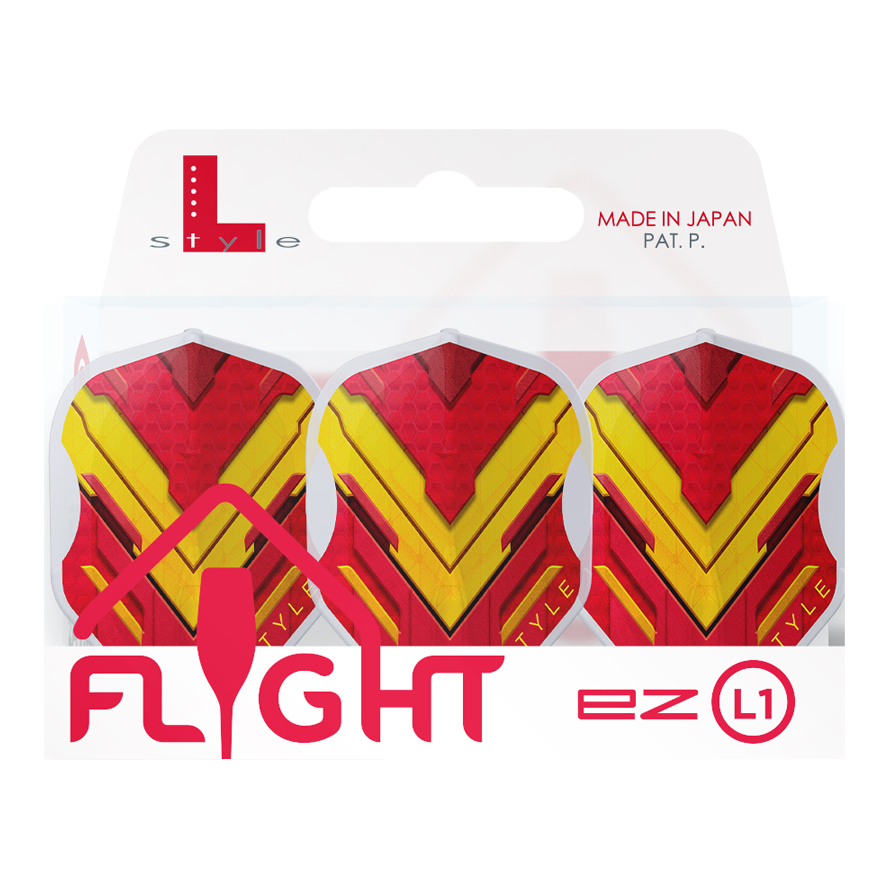 Das Bild zeigt die L-Style V-Series V1 Type A Spain Clear White L1EZ Flights für Dartpfeile. Die Flights haben ein auffälliges rotes und gelbes Design und sind in einer transparenten Verpackung zu sehen.