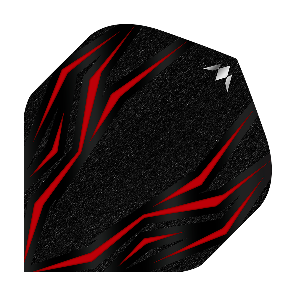 Mission Lava Red No2 Standard Flights Das Bild zeigt ein schwarzes Dartflight mit roten, flammenartigen Linien. In der oberen rechten Ecke befindet sich ein kleines, silbernes Logo.