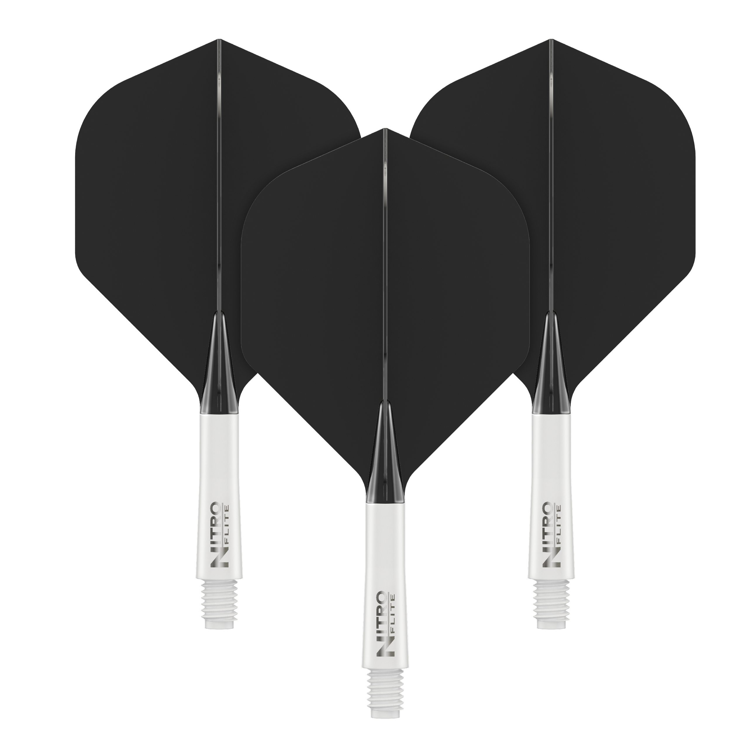 Auf dem Bild sind drei schwarze Dartflights mit weißen Schäften zu sehen. Auf den Schäften steht der Schriftzug „NITRO FLITE“.