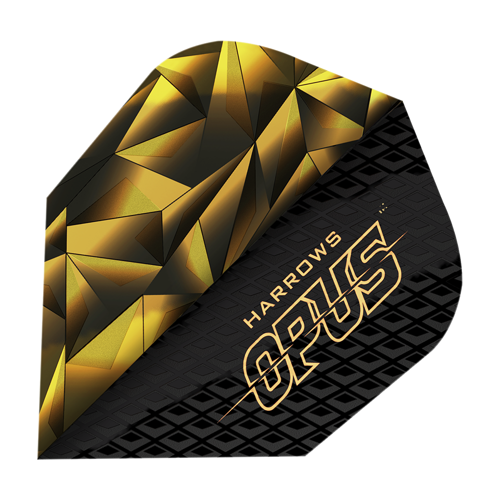 Harrow's Opus Version 1 Flights Dies ist ein Bild des Produkts "Harrows Opus Version 1 Flights". Das Flight-Design ist schwarz-golden mit geometrischen Mustern und dem Schriftzug "HARROWS OPUS".